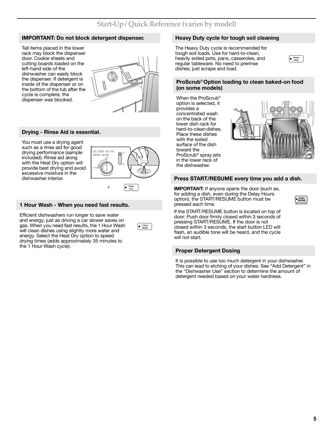 KitchenAid W10300928C warranty Start-Up / Quick Reference varies by model 