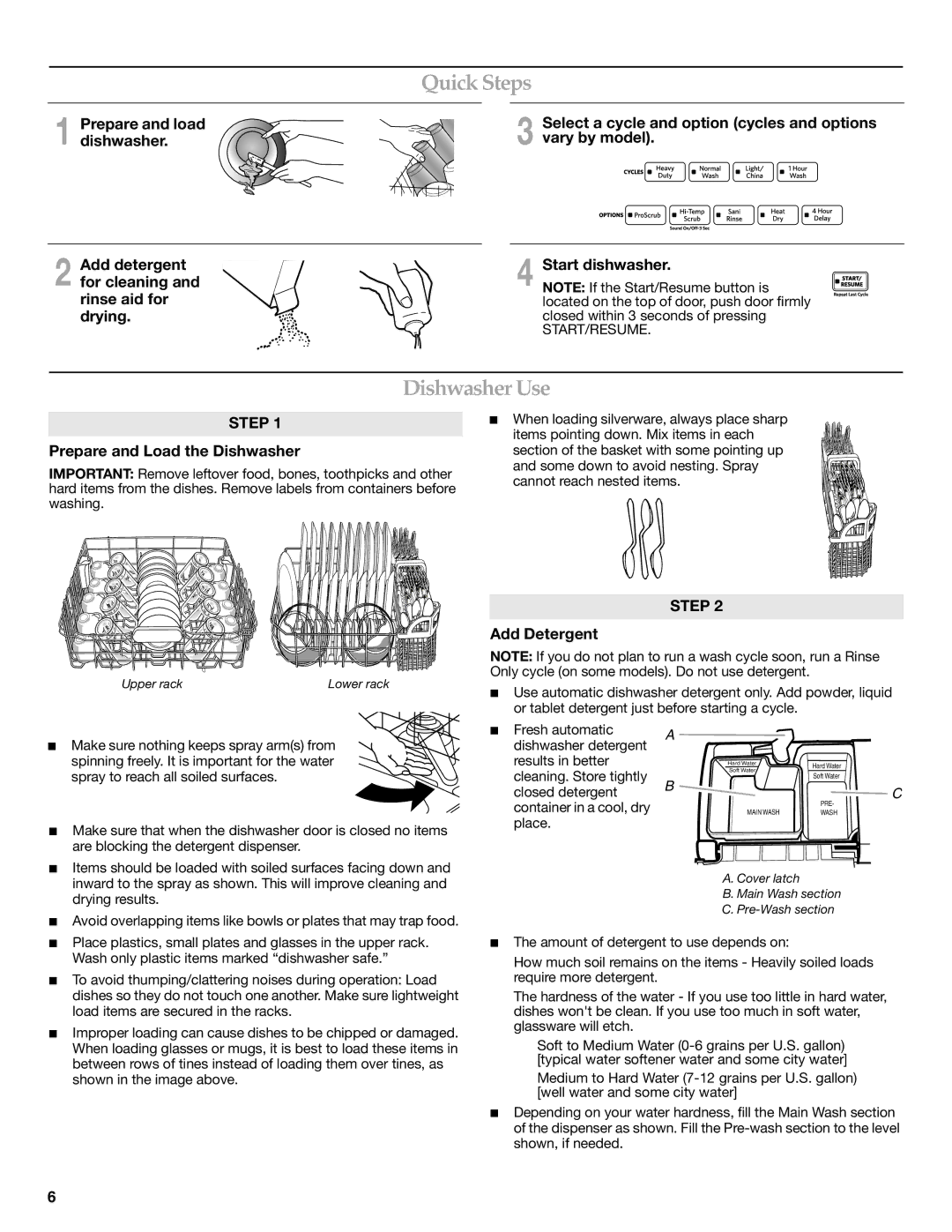 KitchenAid W10300928C warranty Quick Steps, Dishwasher Use, Prepare and Load the Dishwasher, Add Detergent 