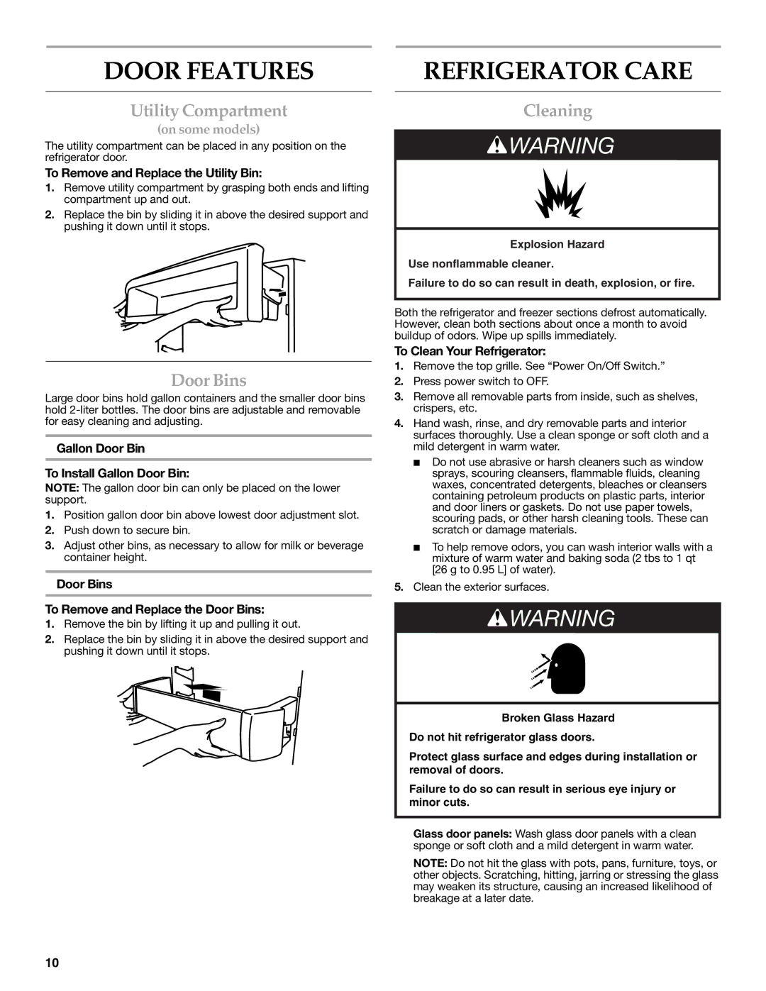 KitchenAid W10303987A manual Door Features, Refrigerator Care, Utility Compartment, Door Bins, Cleaning 