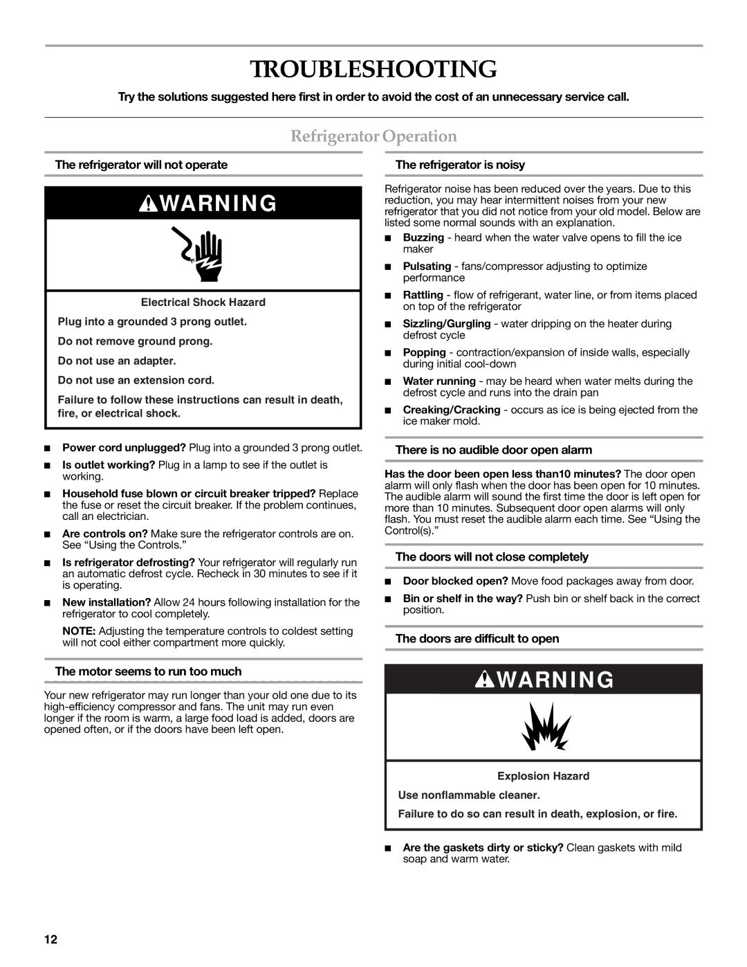 KitchenAid W10303987A manual Troubleshooting, Refrigerator Operation 