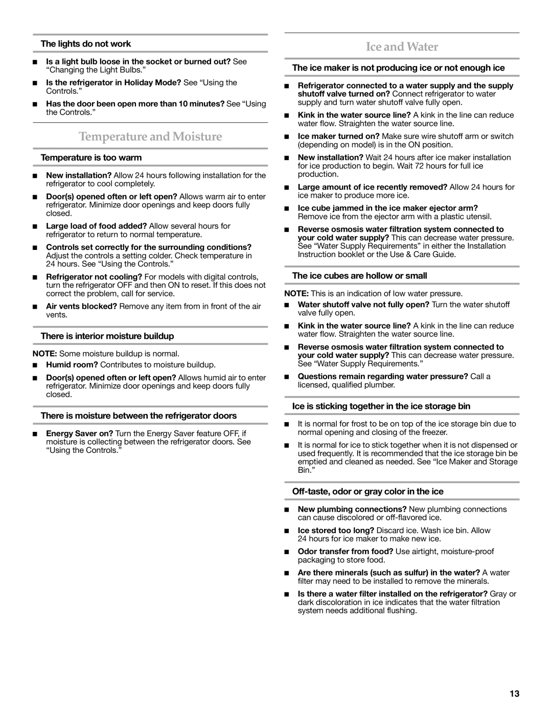 KitchenAid W10303987A manual Temperature and Moisture, Ice and Water 