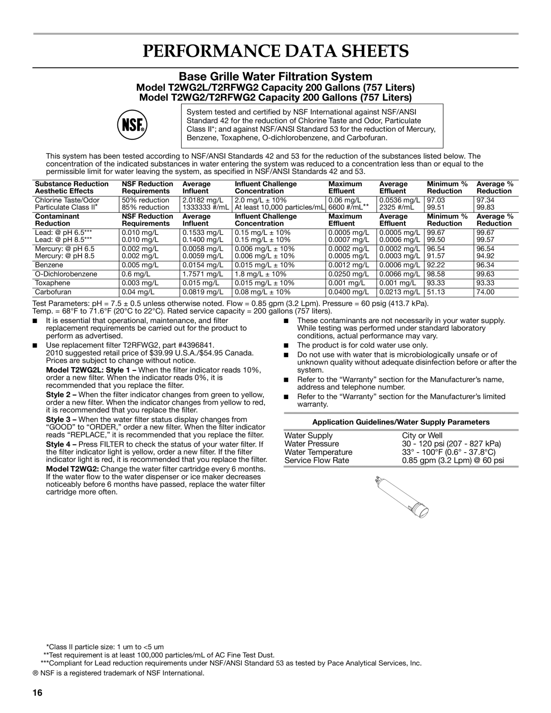 KitchenAid W10303987A manual Performance Data Sheets, Base Grille Water Filtration System 