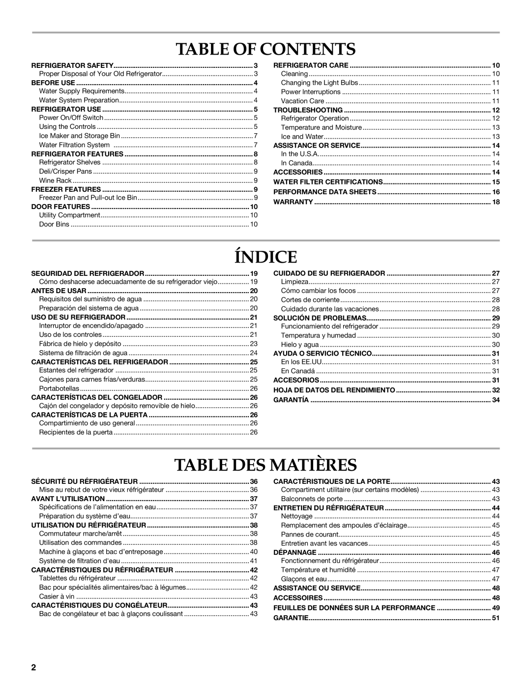 KitchenAid W10303987A manual Table of Contents, Índice, Table DES Matières 