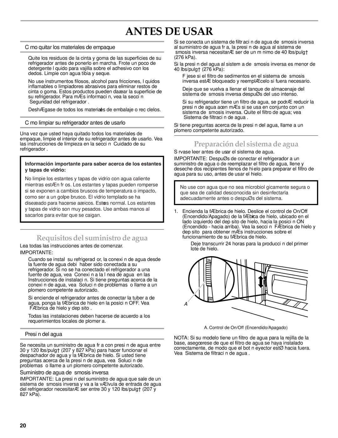 KitchenAid W10303987A manual Antes DE Usar, Requisitos del suministro de agua, Preparación del sistema de agua 