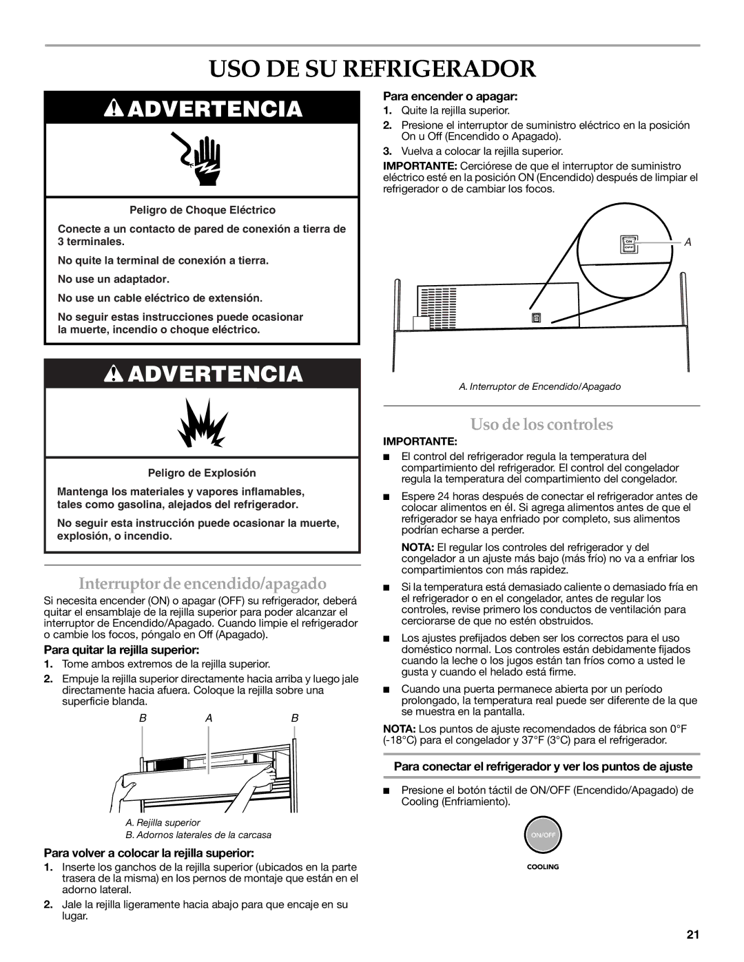 KitchenAid W10303987A manual USO DE SU Refrigerador, Interruptor de encendido/apagado, Uso de los controles 