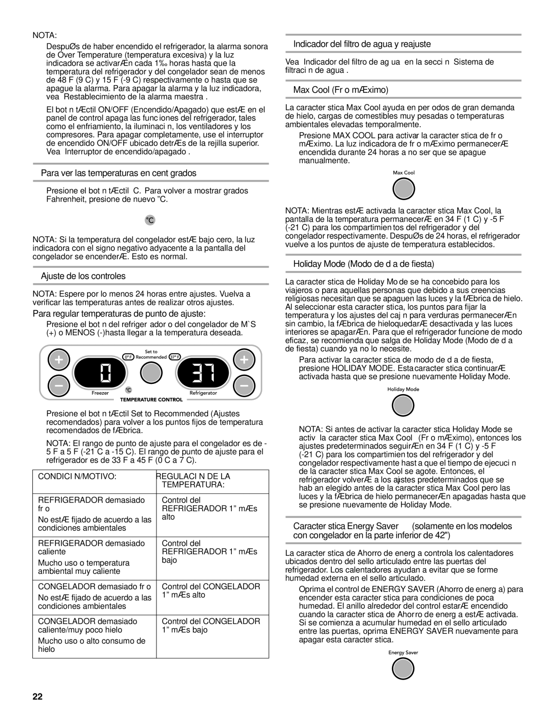 KitchenAid W10303987A manual Para ver las temperaturas en centígrados, Ajuste de los controles, Max Cool Frío máximo 