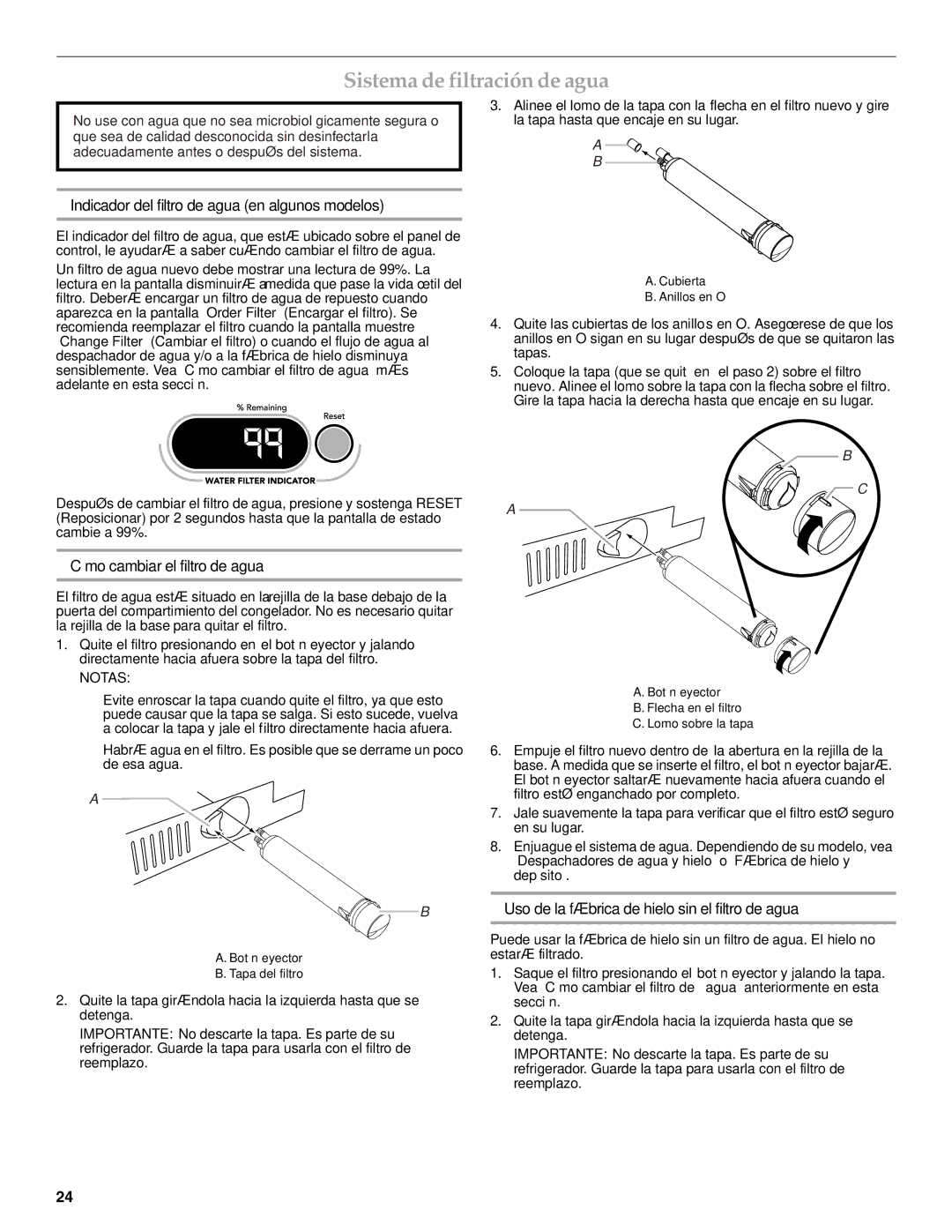 KitchenAid W10303987A manual Sistema de filtración de agua, Indicador del filtro de agua en algunos modelos, Notas 