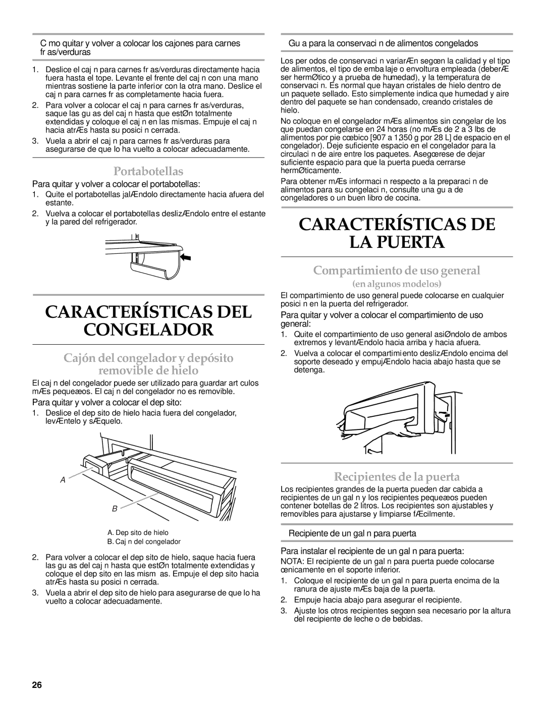 KitchenAid W10303987A manual Características DEL Congelador, Características DE LA Puerta 