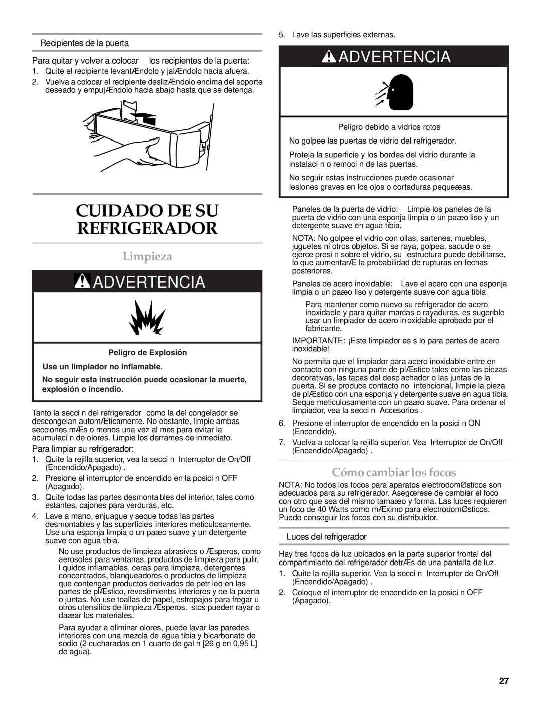 KitchenAid W10303987A manual Cuidado DE SU Refrigerador, Limpieza, Cómo cambiar los focos, Para limpiar su refrigerador 