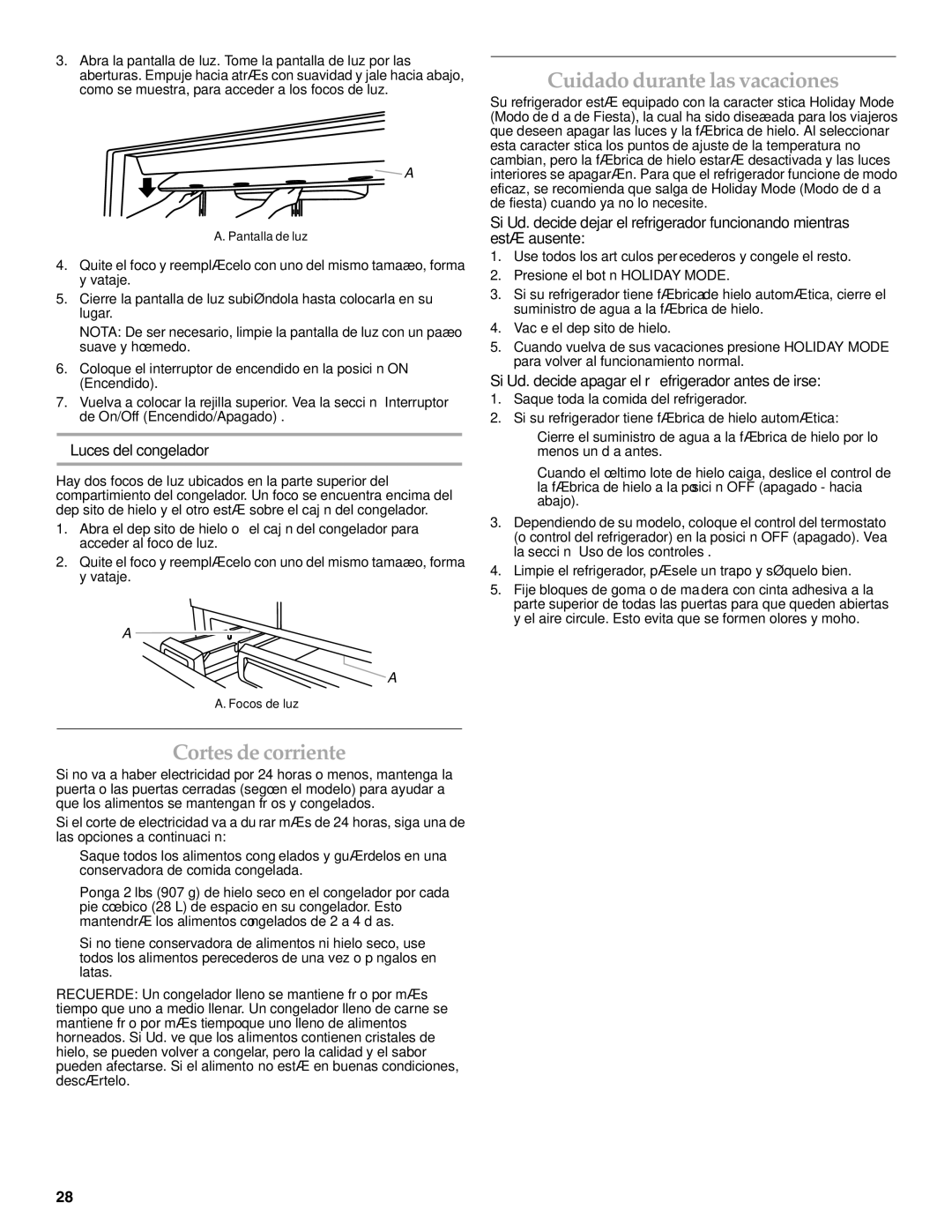 KitchenAid W10303987A manual Cortes de corriente, Cuidado durante las vacaciones, Luces del congelador 