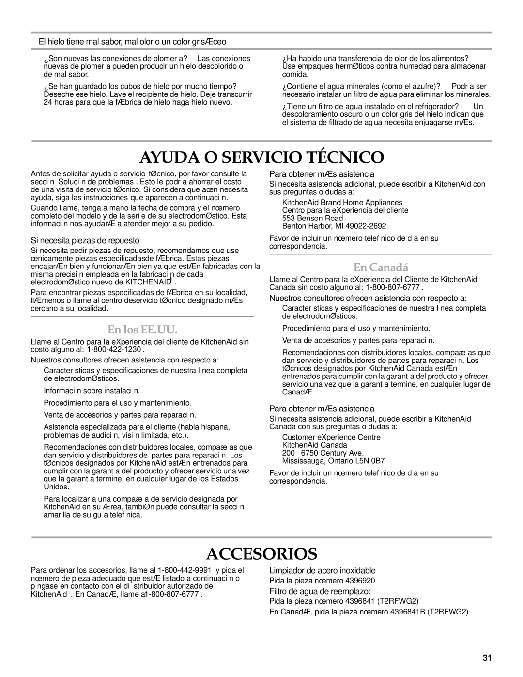 KitchenAid W10303987A manual Ayuda O Servicio Técnico, Accesorios, En los EE.UU, En Canadá 