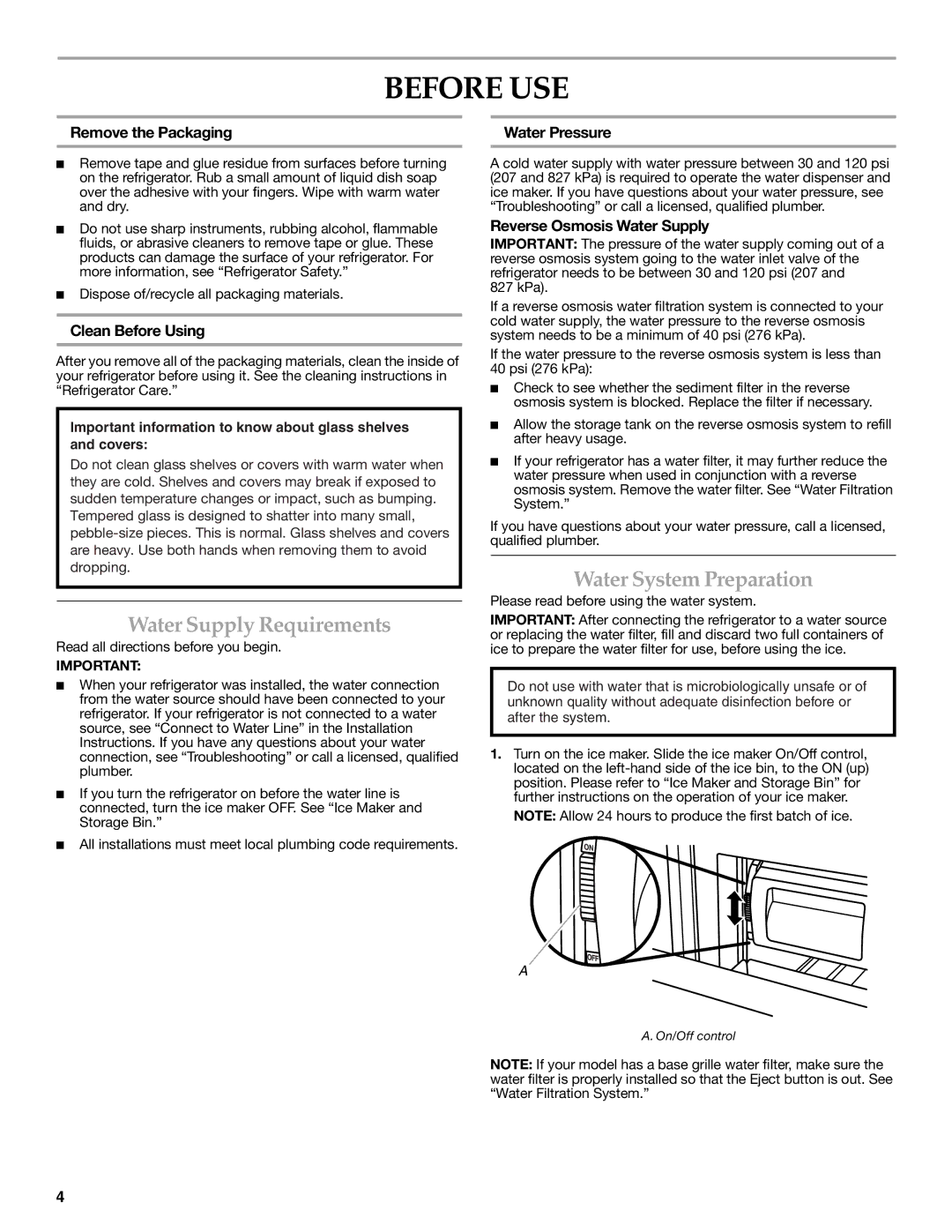 KitchenAid W10303987A manual Before USE, Water Supply Requirements, Water System Preparation 