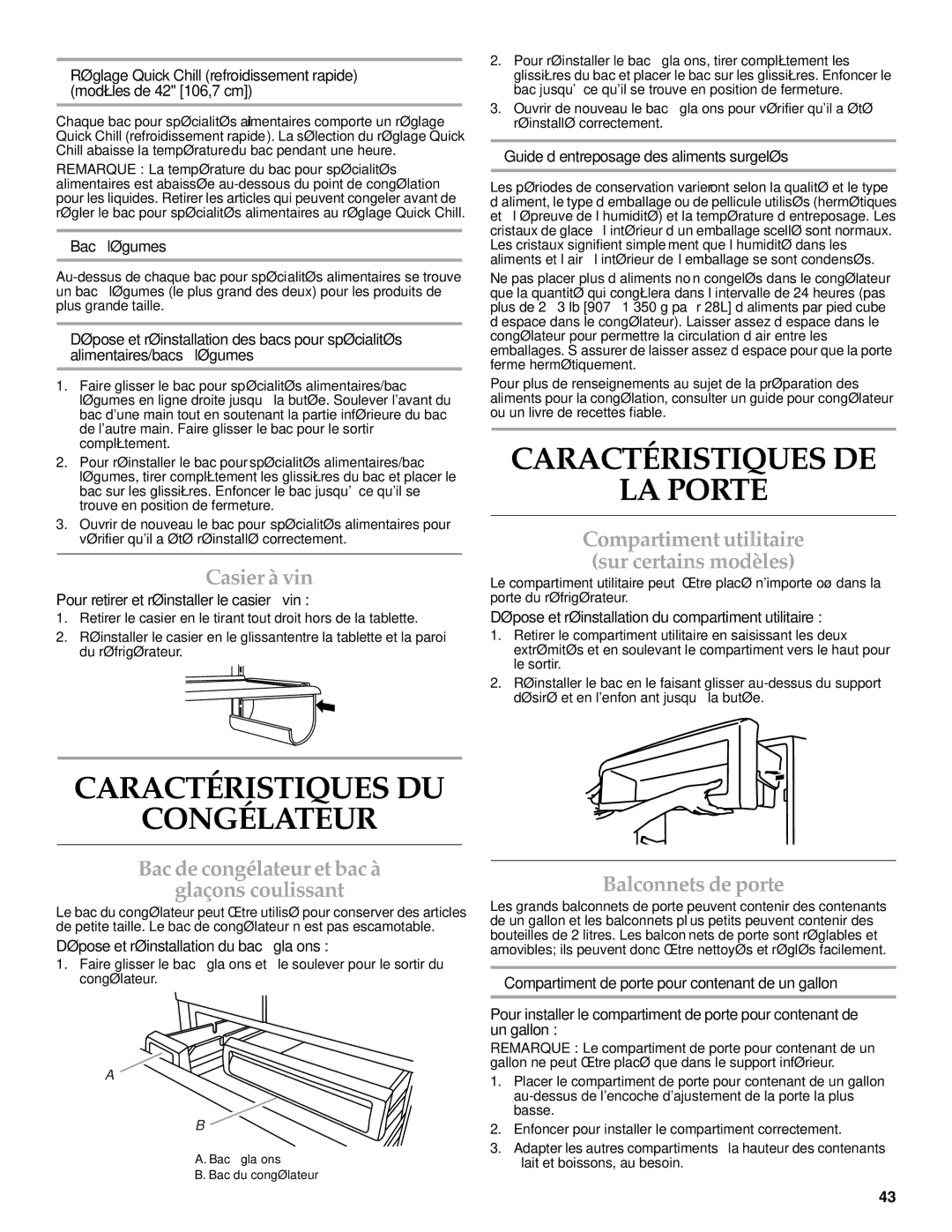 KitchenAid W10303987A manual Caractéristiques DE LA Porte, Caractéristiques DU Congélateur 