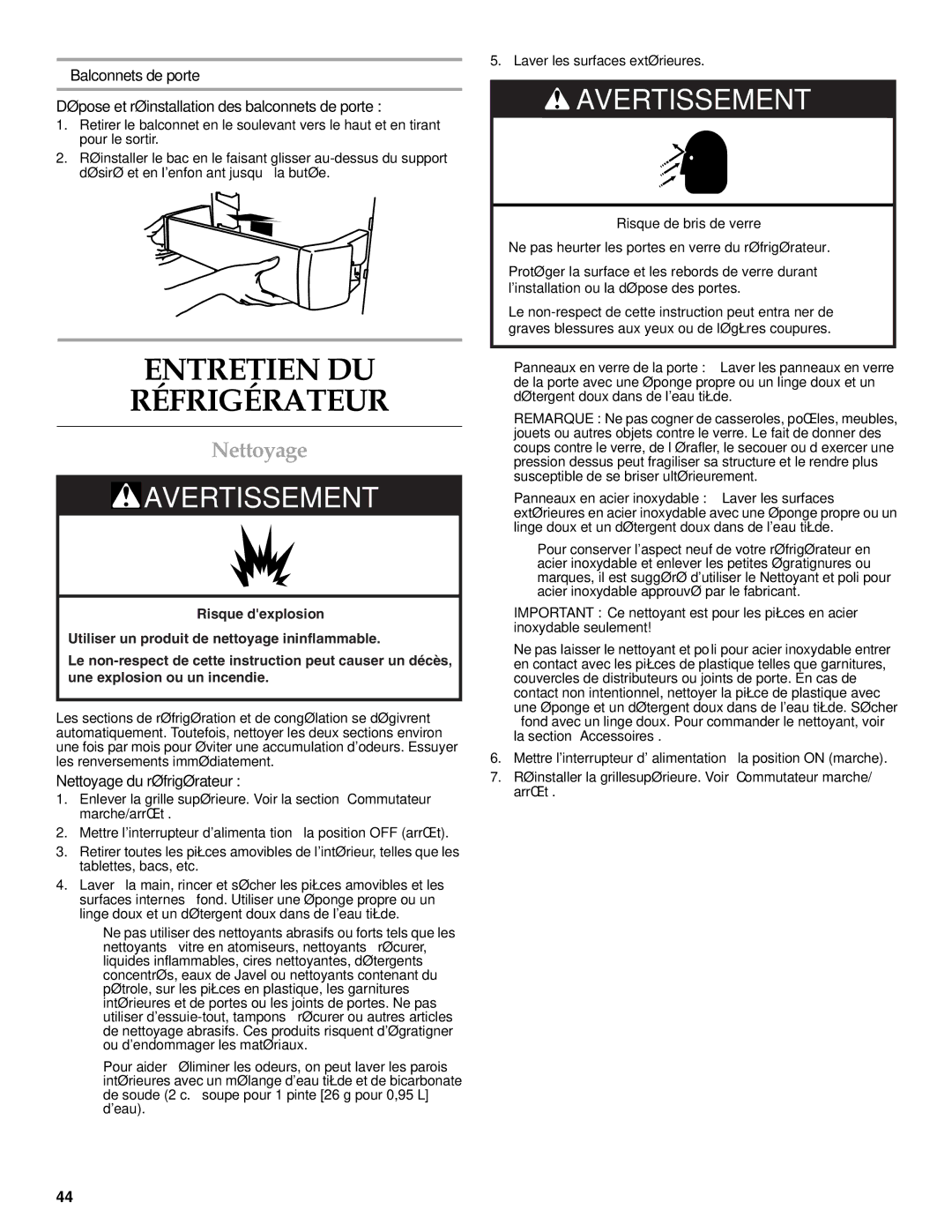 KitchenAid W10303987A manual Entretien DU Réfrigérateur, Nettoyage du réfrigérateur 