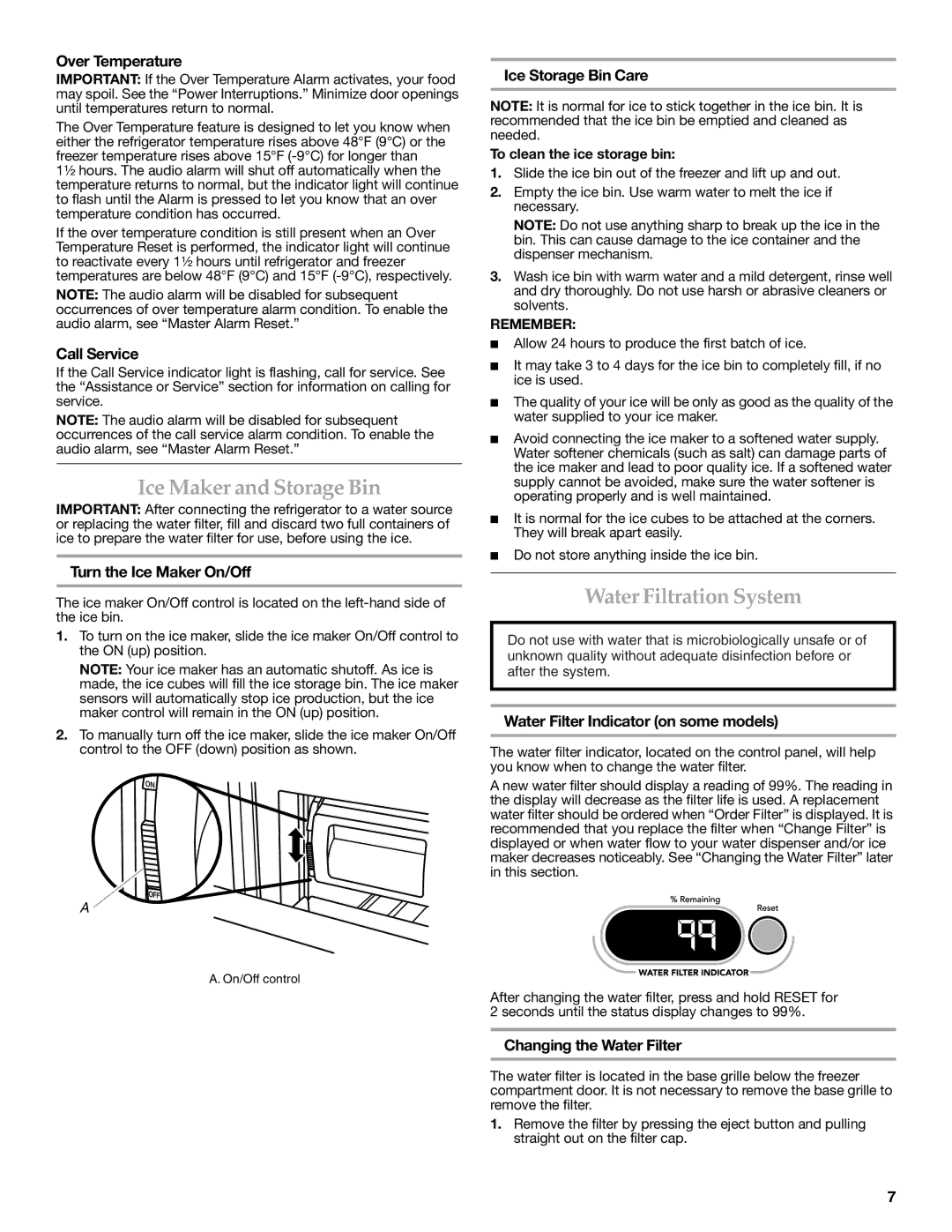 KitchenAid W10303987A manual Ice Maker and Storage Bin, Water Filtration System 