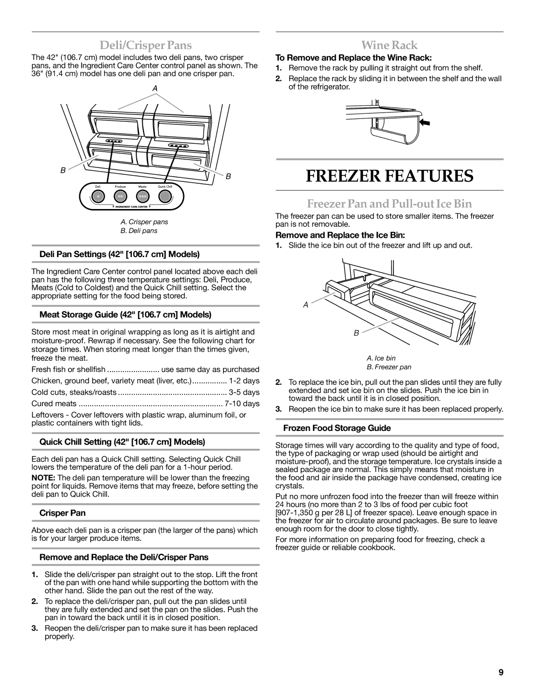 KitchenAid W10303987A manual Freezer Features, Deli/Crisper Pans, Wine Rack, Freezer Pan and Pull-out Ice Bin 