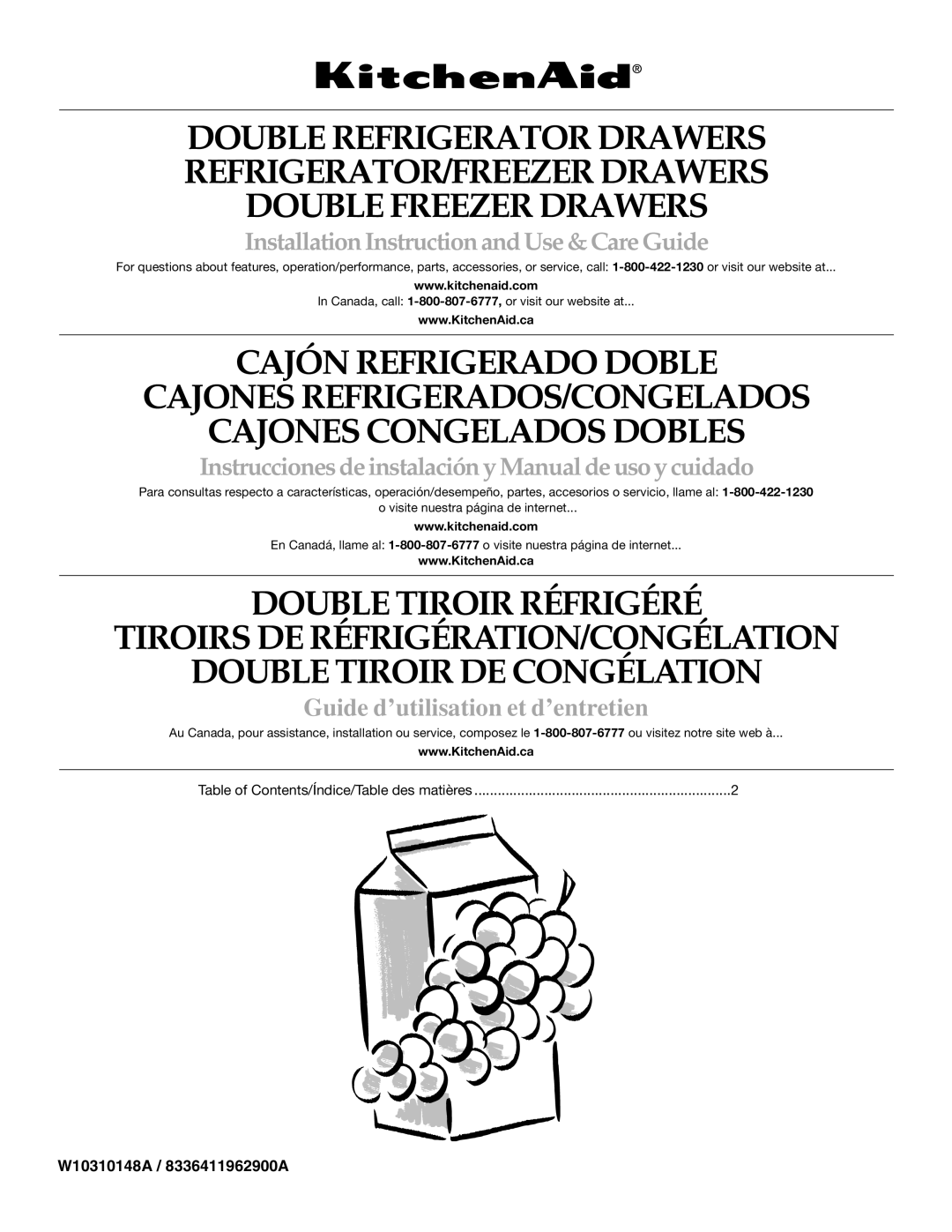 KitchenAid W10310148A manual Installation Instruction and Use & Care Guide 