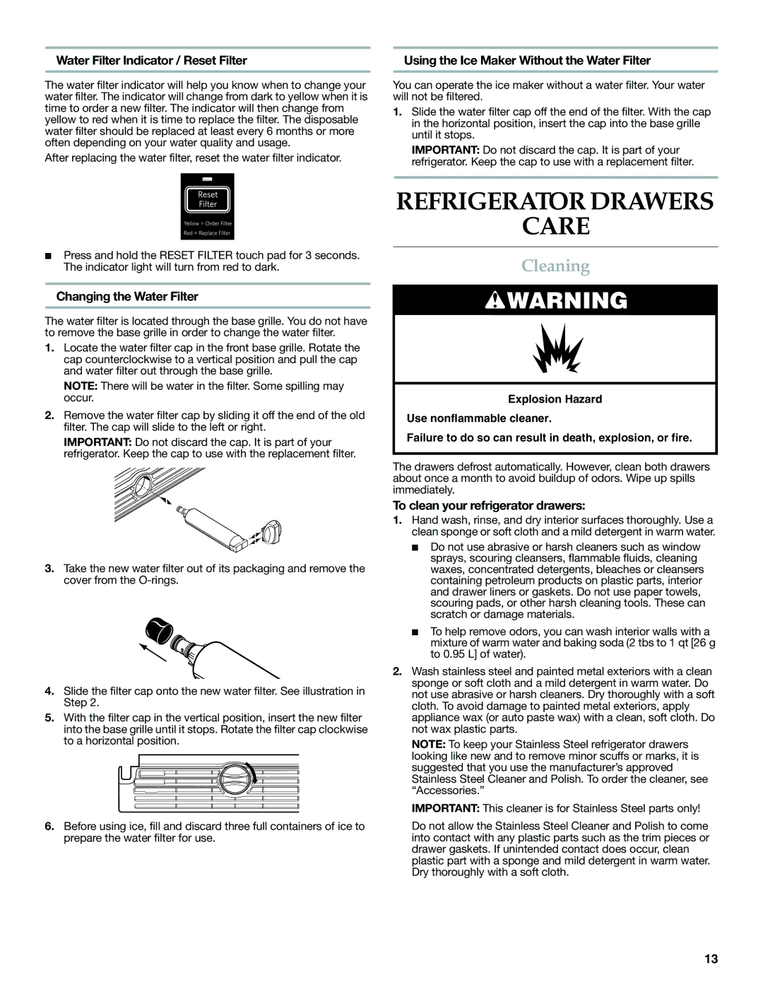 KitchenAid W10310148A manual Refrigerator Drawers Care, Cleaning 