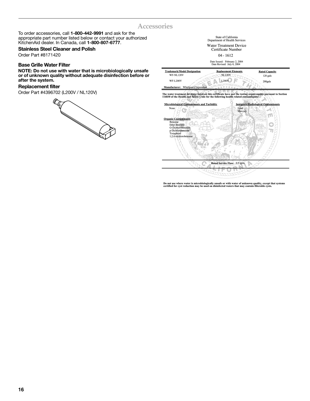 KitchenAid W10310148A manual Accessories, Stainless Steel Cleaner and Polish, Base Grille Water Filter Replacement filter 