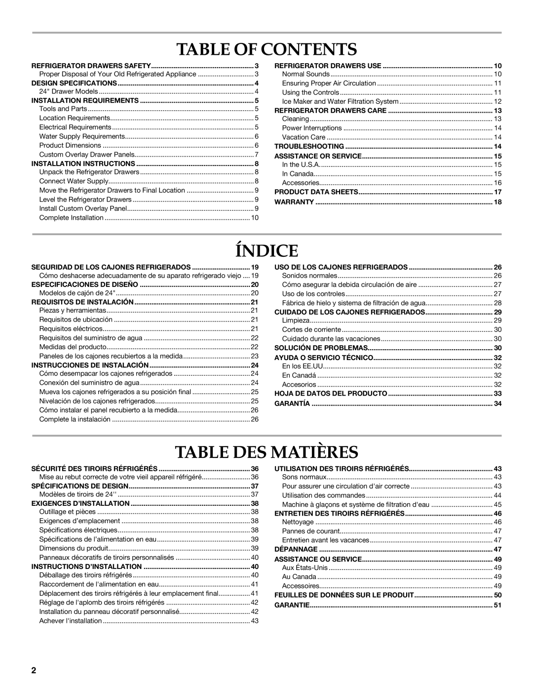 KitchenAid W10310148A manual Table of Contents, Índice, Table DES Matières 