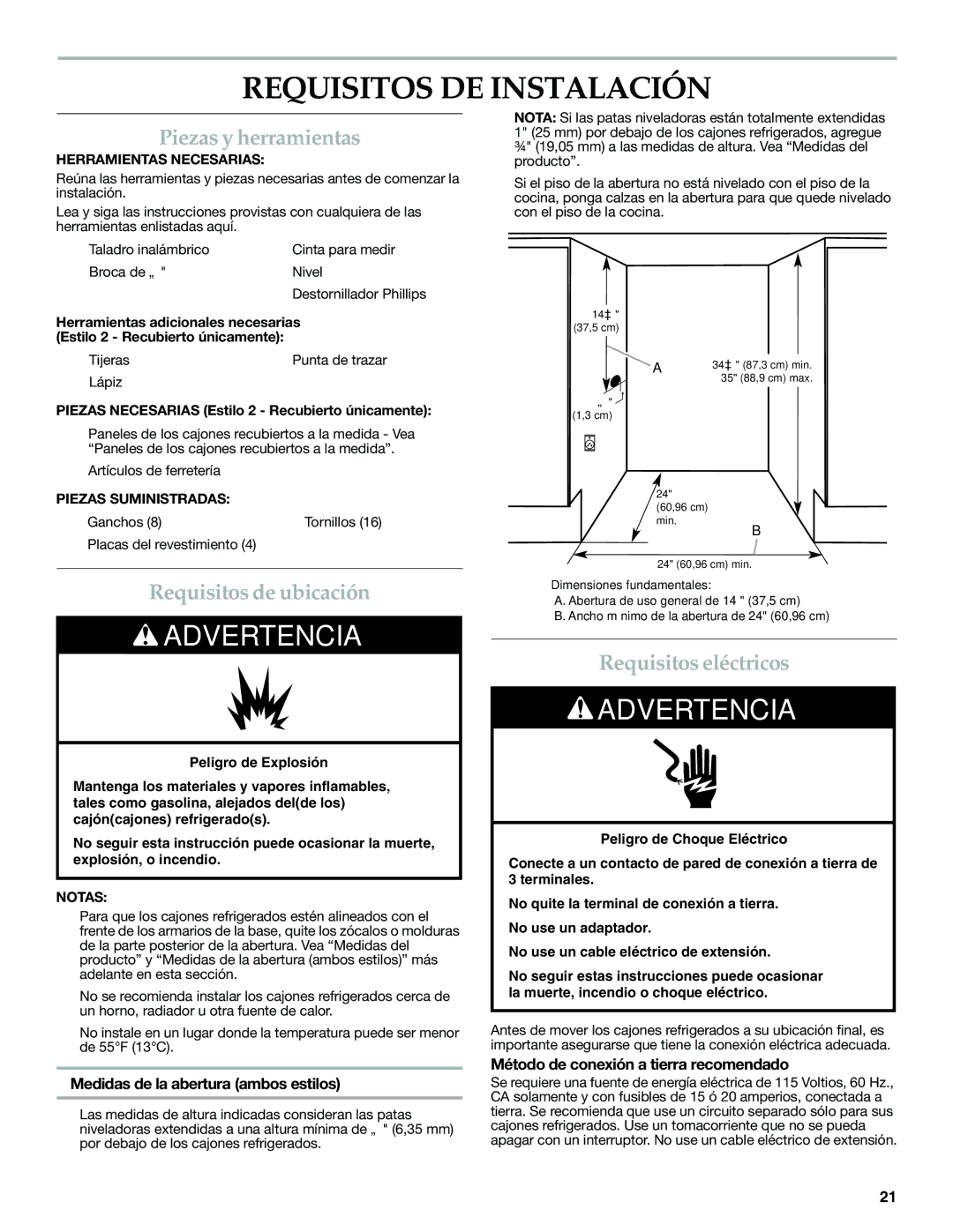 KitchenAid W10310148A Requisitos DE Instalación, Piezas y herramientas, Requisitos de ubicación, Requisitos eléctricos 