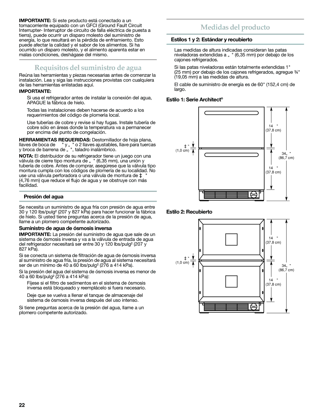 KitchenAid W10310148A manual Requisitos del suministro de agua, Medidas del producto 