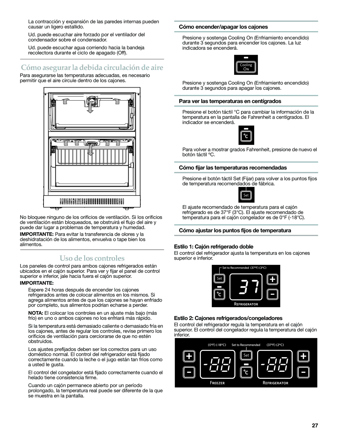 KitchenAid W10310148A manual Cómo asegurar la debida circulación de aire, Uso de los controles 