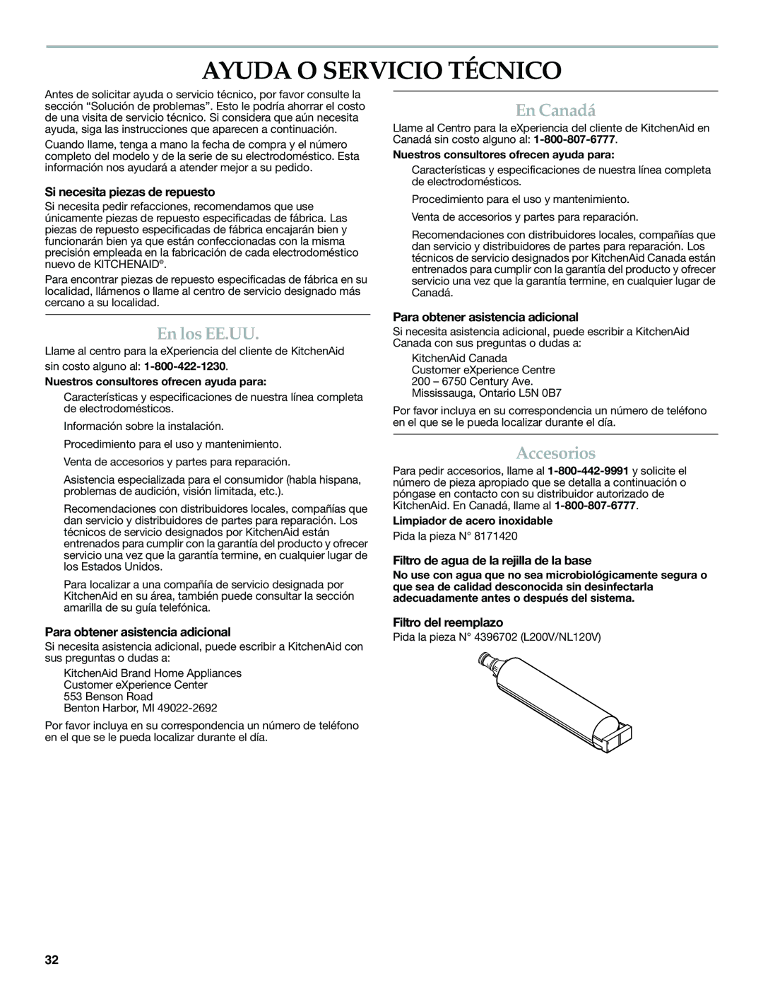 KitchenAid W10310148A manual Ayuda O Servicio Técnico, En Canadá, En los EE.UU, Accesorios 