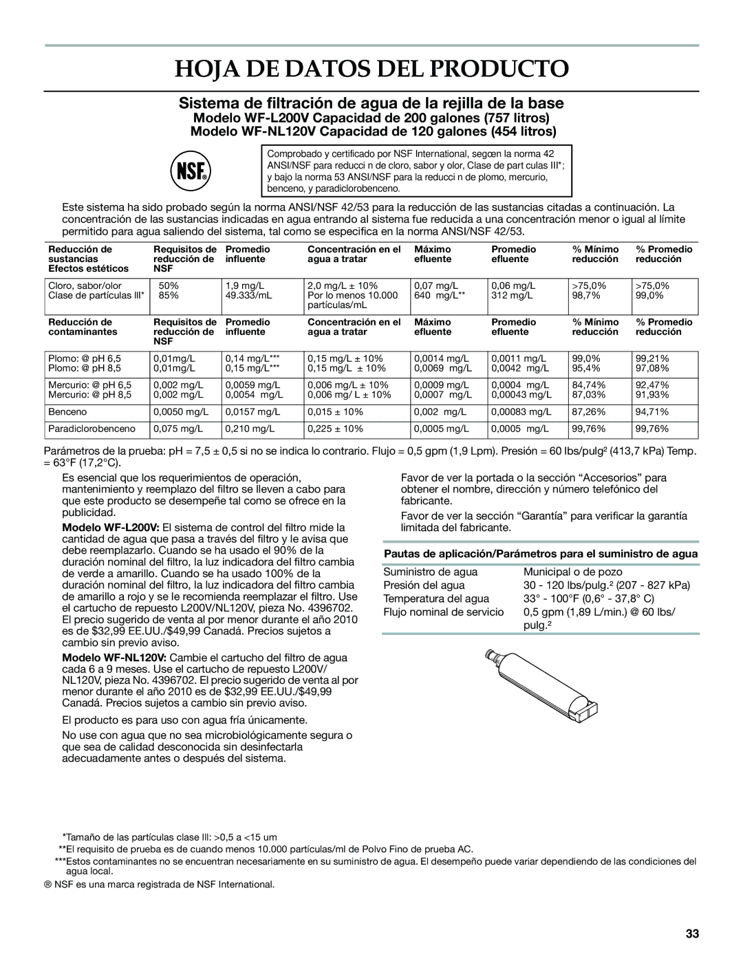 KitchenAid W10310148A manual Hoja DE Datos DEL Producto, Pautas de aplicación/Parámetros para el suministro de agua 