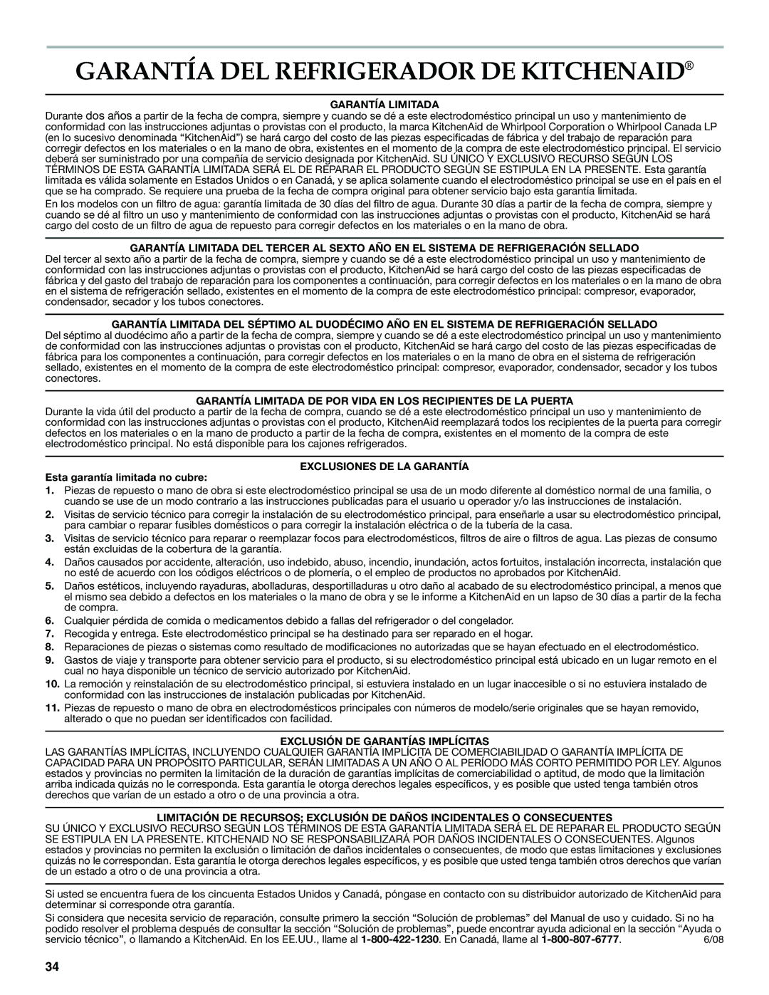 KitchenAid W10310148A manual Garantía DEL Refrigerador DE Kitchenaid, Garantía Limitada 