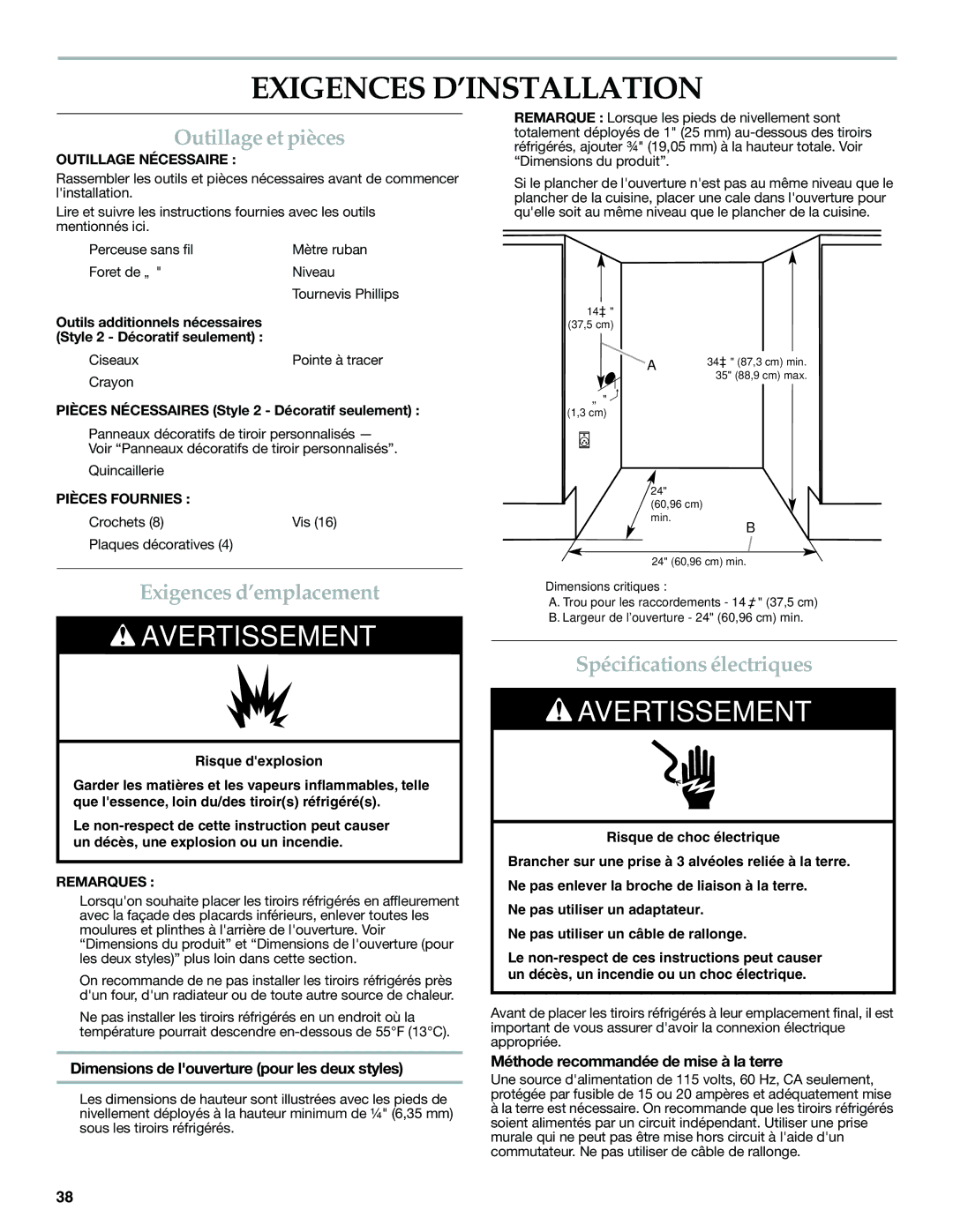 KitchenAid W10310148A Exigences D’INSTALLATION, Outillage et pièces, Exigences d’emplacement, Spécifications électriques 