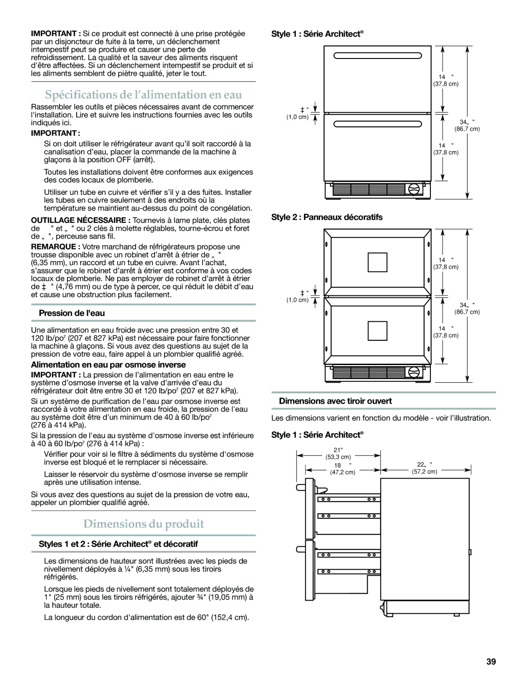 KitchenAid W10310148A manual Spécifications de l’alimentation en eau, Dimensions du produit 