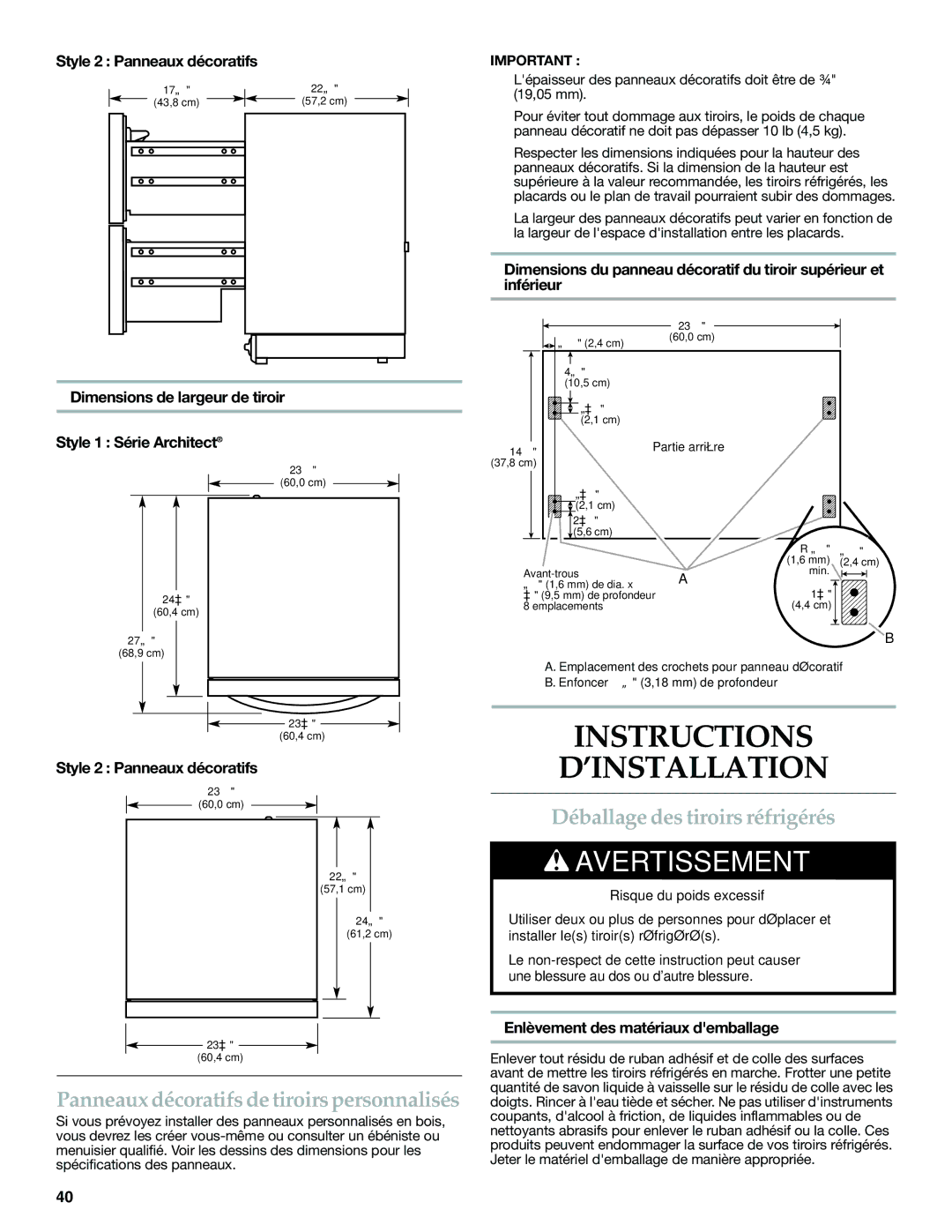 KitchenAid W10310148A Instructions ’INSTALLATION, Déballage des tiroirs réfrigérés, Enlèvement des matériaux demballage 