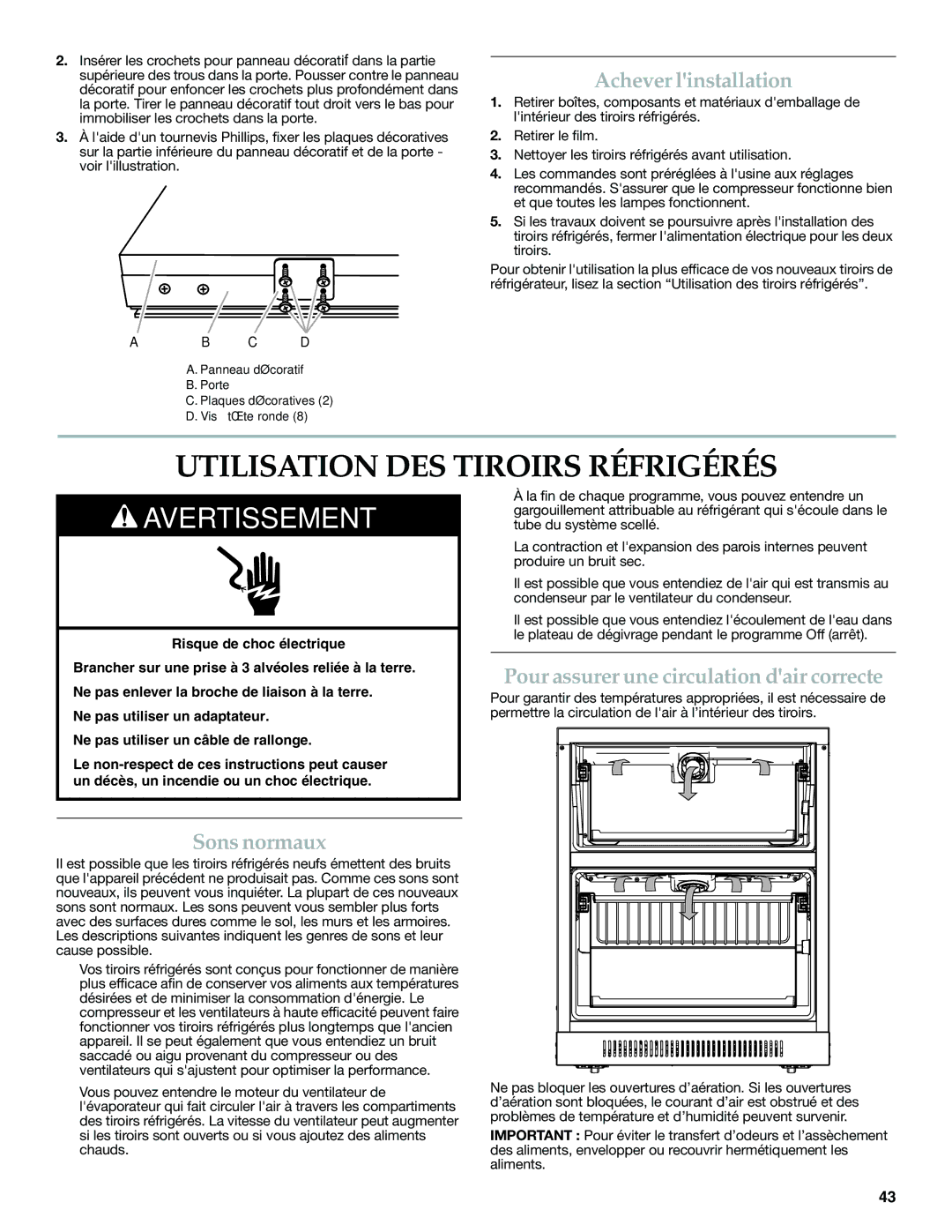 KitchenAid W10310148A manual Utilisation DES Tiroirs Réfrigérés, Achever linstallation, Sons normaux 