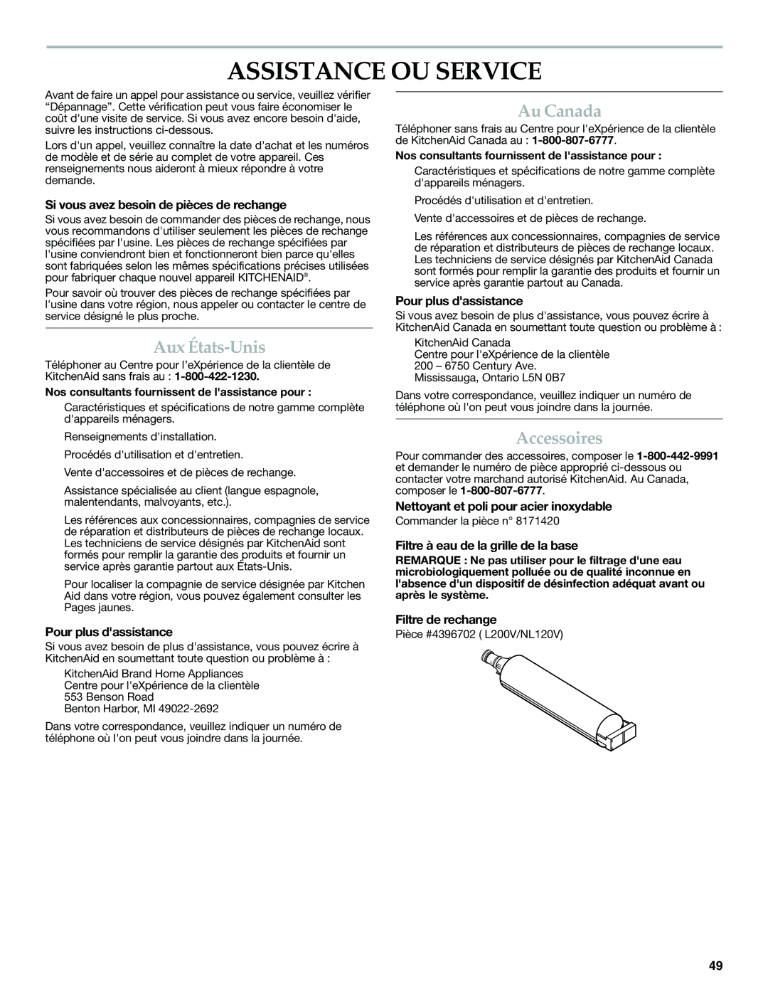 KitchenAid W10310148A manual Assistance OU Service, Aux États-Unis, Au Canada, Accessoires 