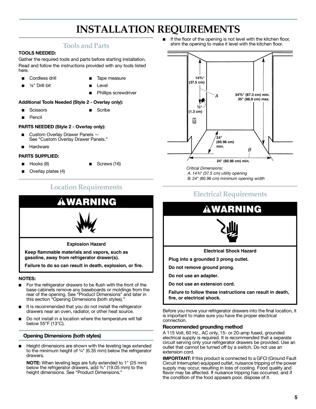 KitchenAid W10310148A manual Installation Requirements, Tools and Parts, Location Requirements, Electrical Requirements 