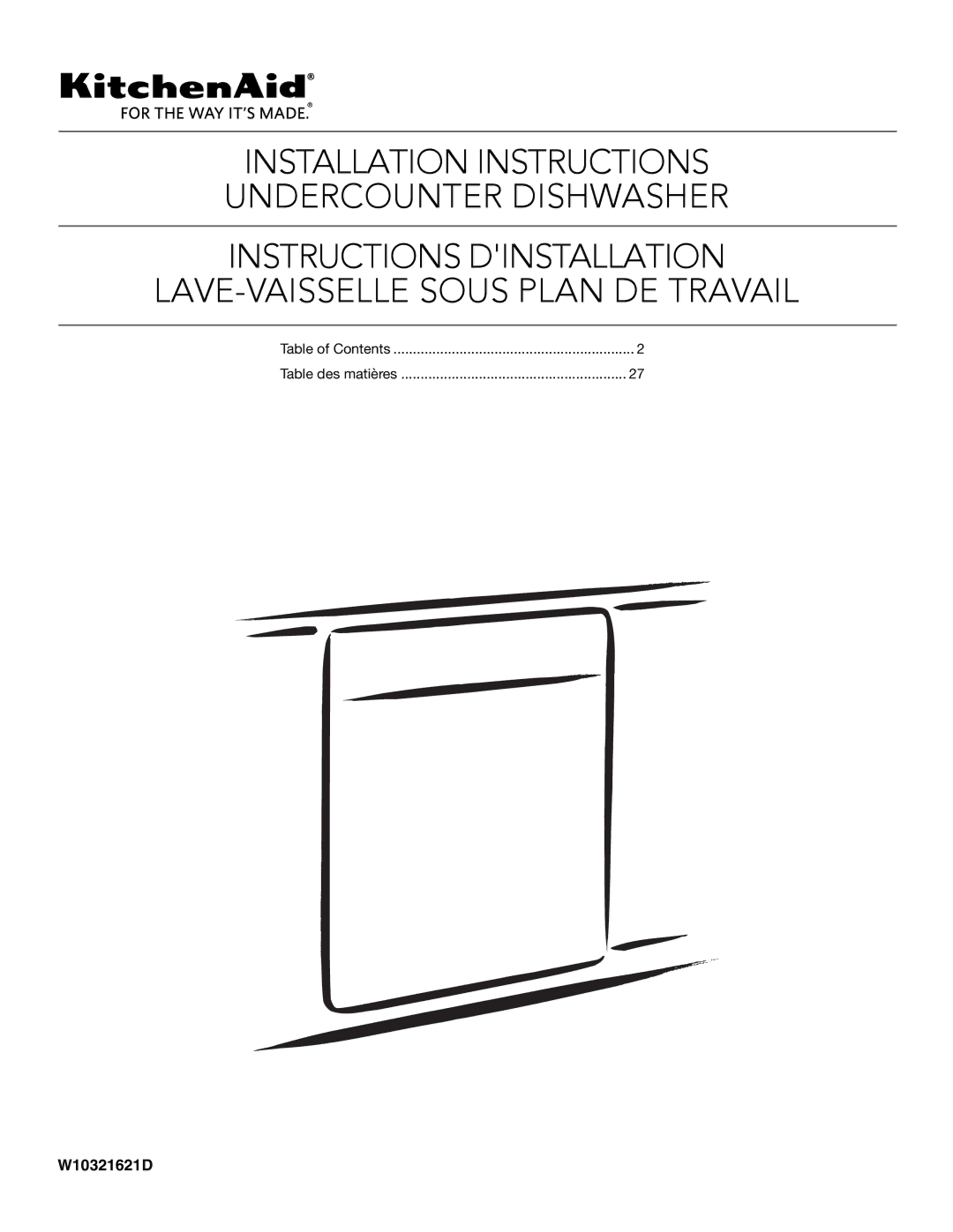 KitchenAid W10321621D installation instructions Installation Instructions Undercounter Dishwasher 