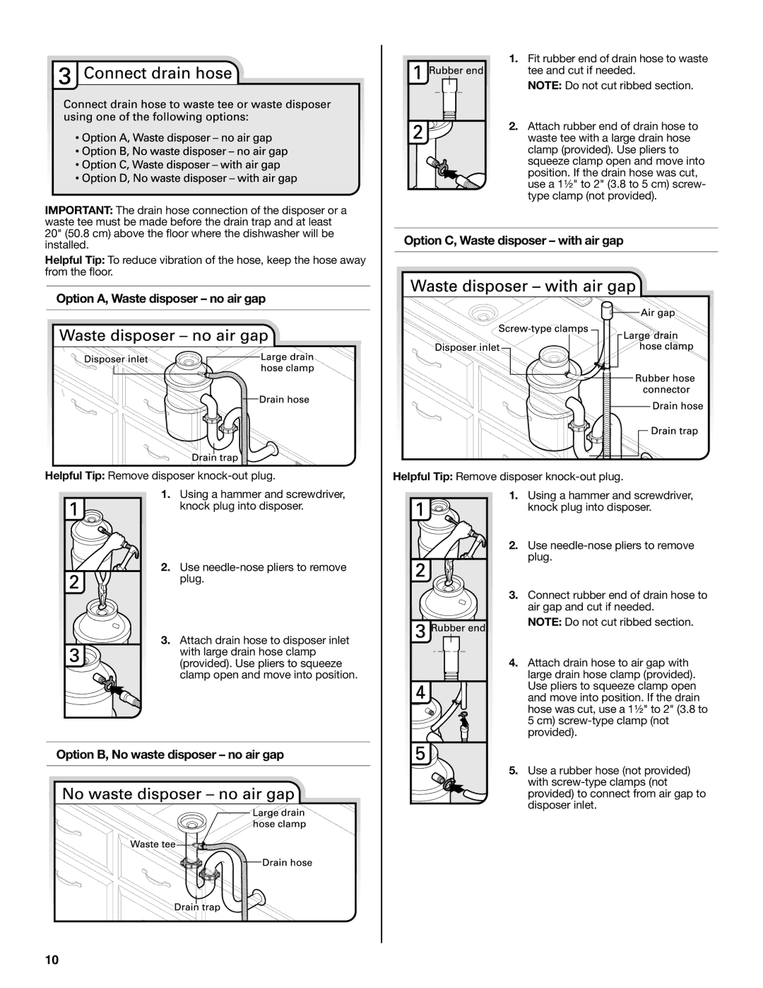 KitchenAid W10321621D installation instructions Option A, Waste disposer no air gap, Option B, No waste disposer no air gap 