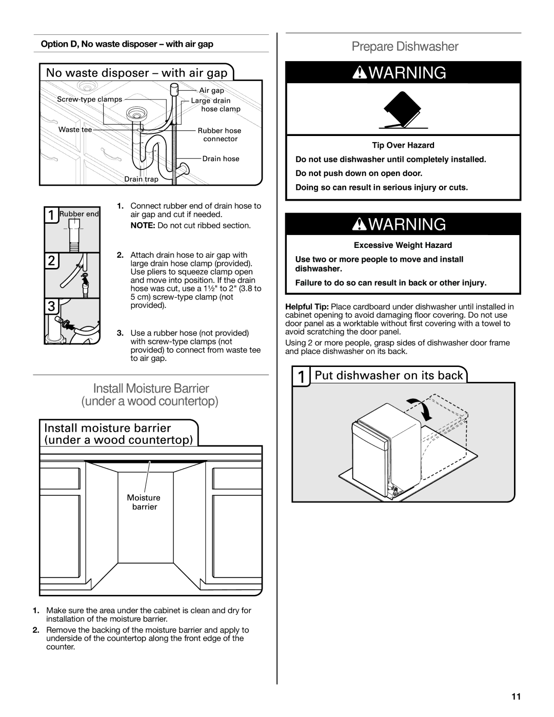 KitchenAid W10321621D installation instructions Install Moisture Barrier Under a wood countertop, Prepare Dishwasher 