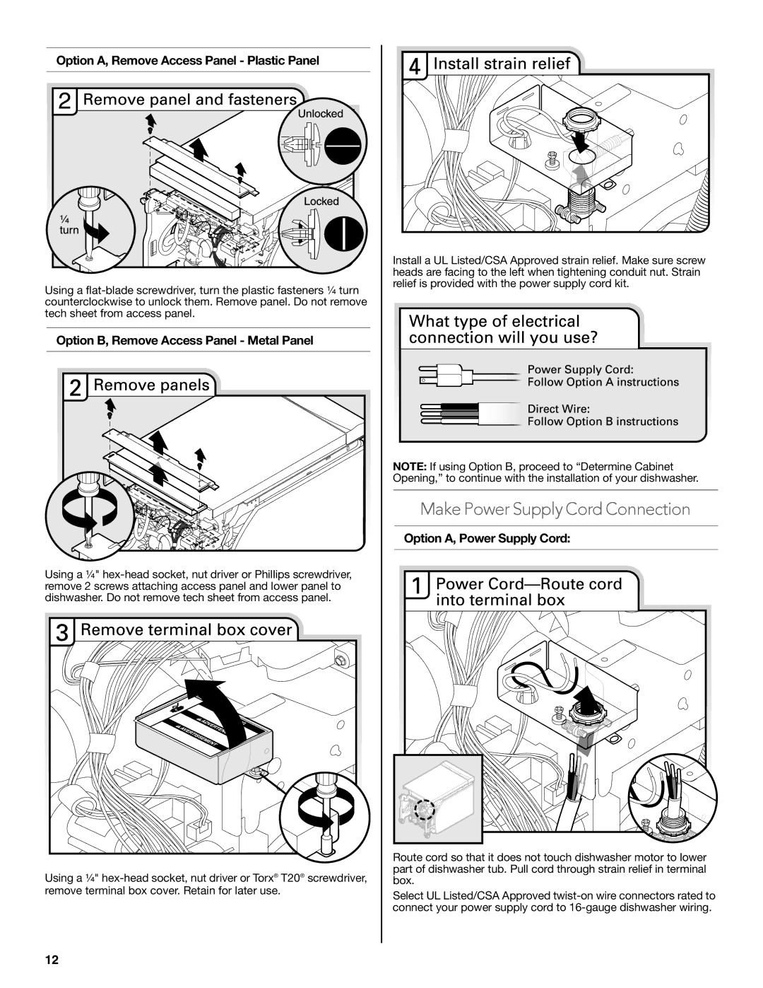 KitchenAid W10321621D Make Power Supply Cord Connection, Option A, Remove Access Panel Plastic Panel 