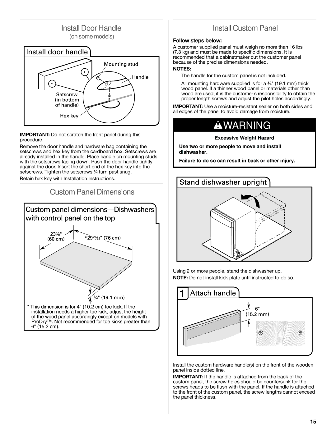 KitchenAid W10321621D Install Door Handle, Custom Panel Dimensions Install Custom Panel, Follow steps below 