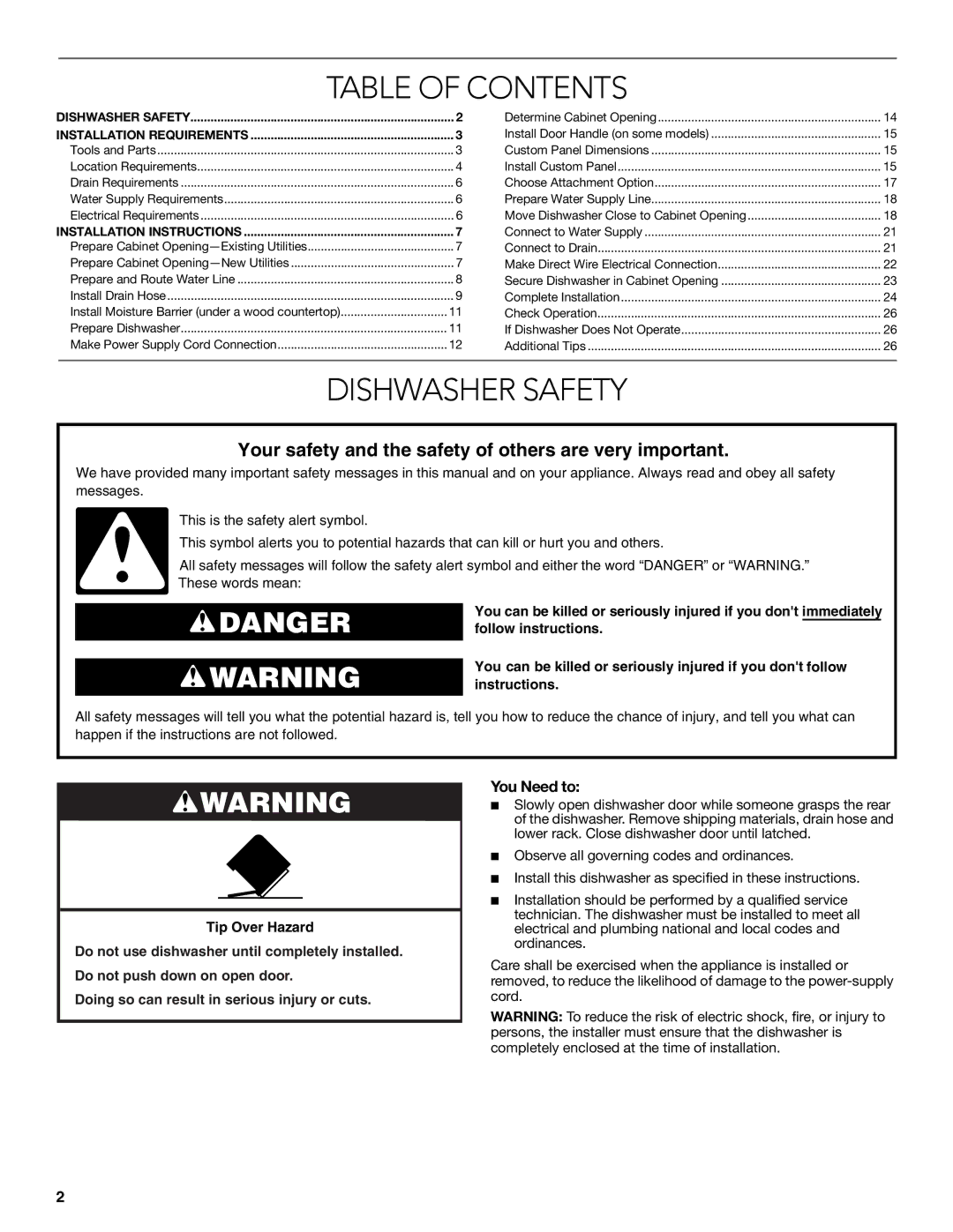 KitchenAid W10321621D installation instructions Table of Contents 