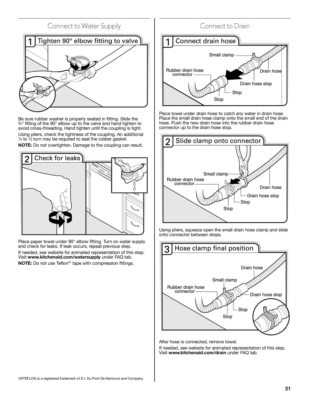 KitchenAid W10321621D installation instructions Connect to Water Supply, Connect to Drain 