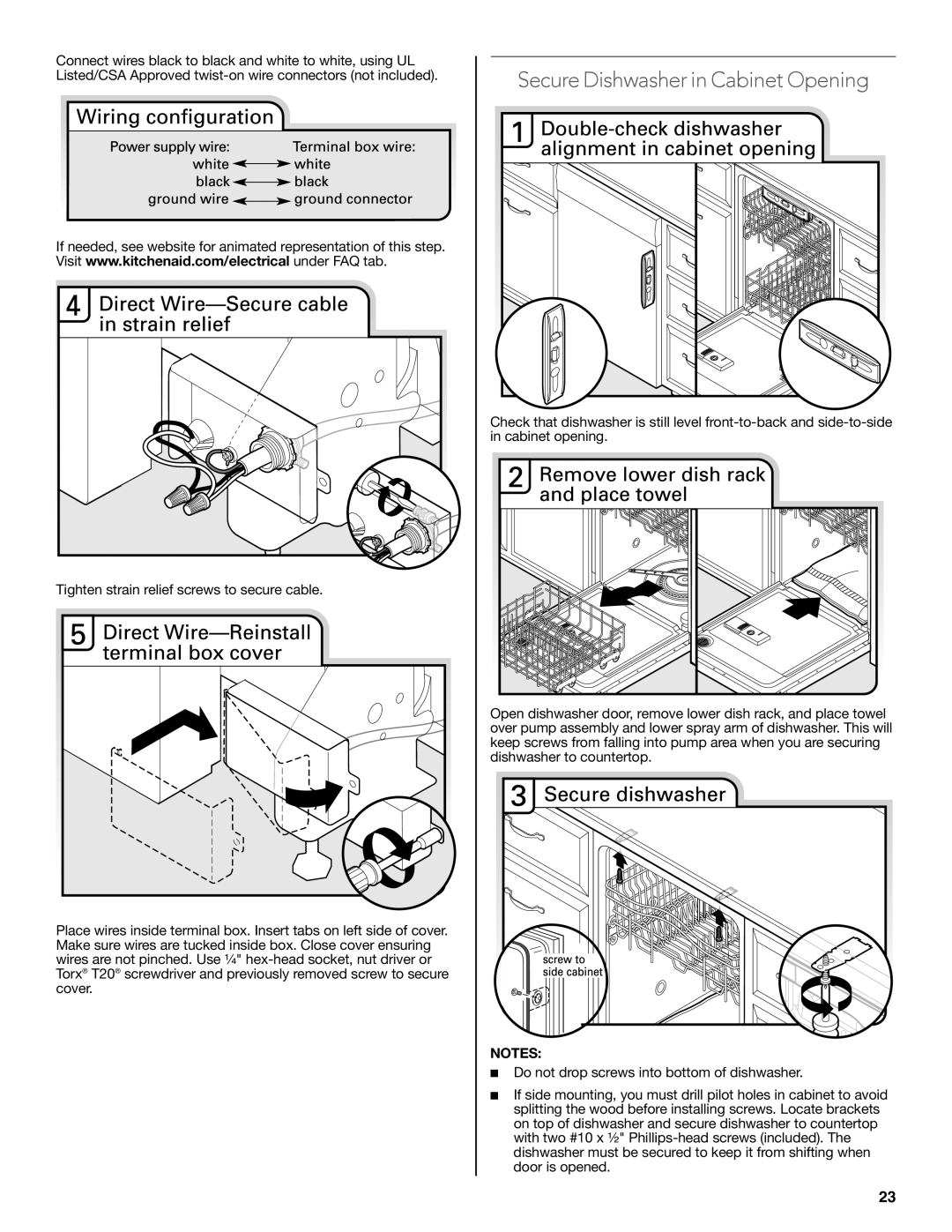 KitchenAid W10321621D installation instructions Secure Dishwasher in Cabinet Opening 