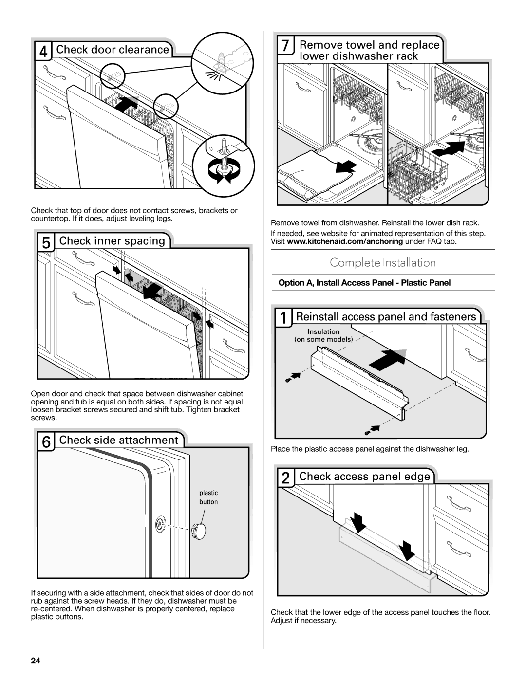 KitchenAid W10321621D installation instructions Complete Installation, Option A, Install Access Panel Plastic Panel 