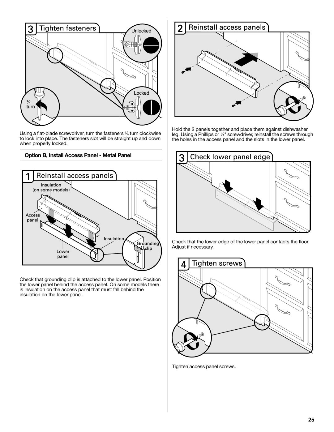 KitchenAid W10321621D installation instructions Option B, Install Access Panel Metal Panel 