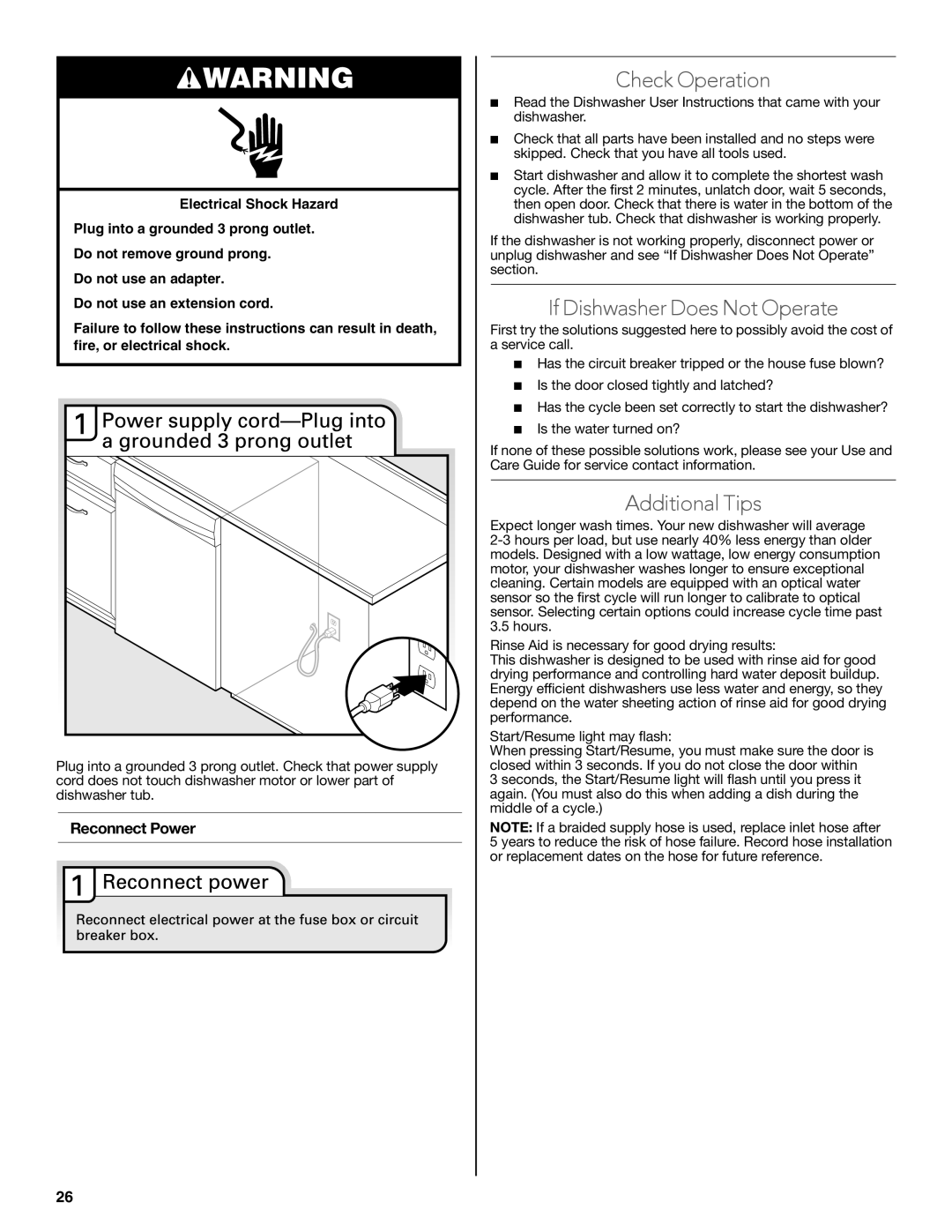 KitchenAid W10321621D Check Operation, If Dishwasher Does Not Operate, Additional Tips, Reconnect Power 