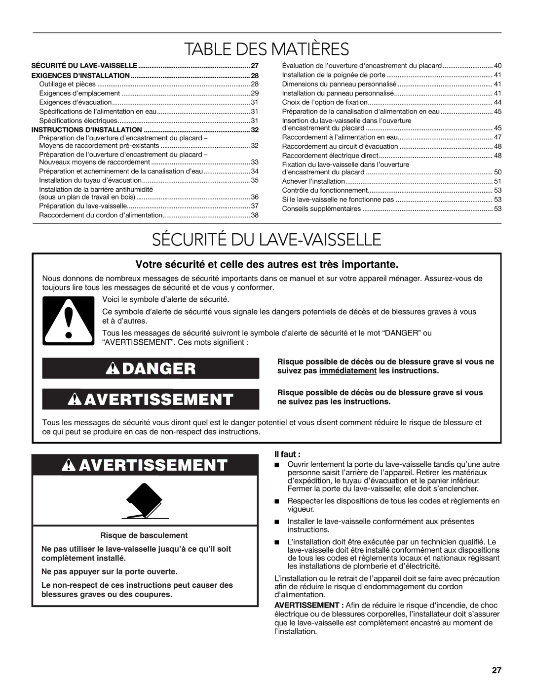 KitchenAid W10321621D installation instructions Table DES Matières, Il faut 