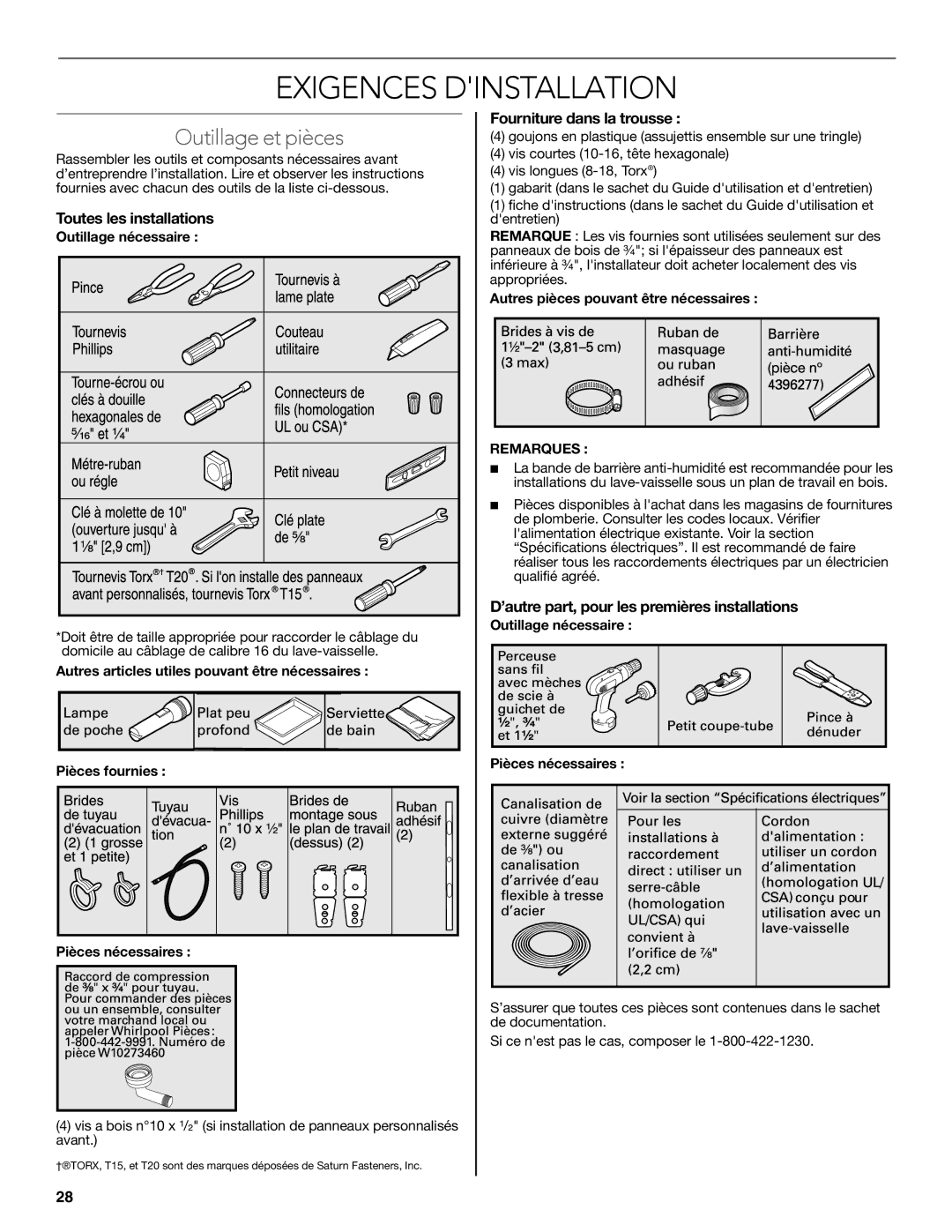 KitchenAid W10321621D installation instructions Outillage et pièces, Toutes les installations, Fourniture dans la trousse 