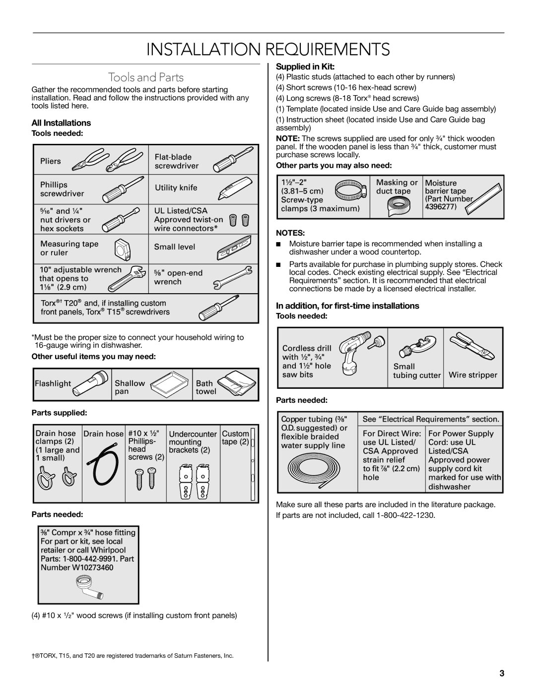 KitchenAid W10321621D Tools and Parts, All Installations, Supplied in Kit, Addition, for first-time installations 